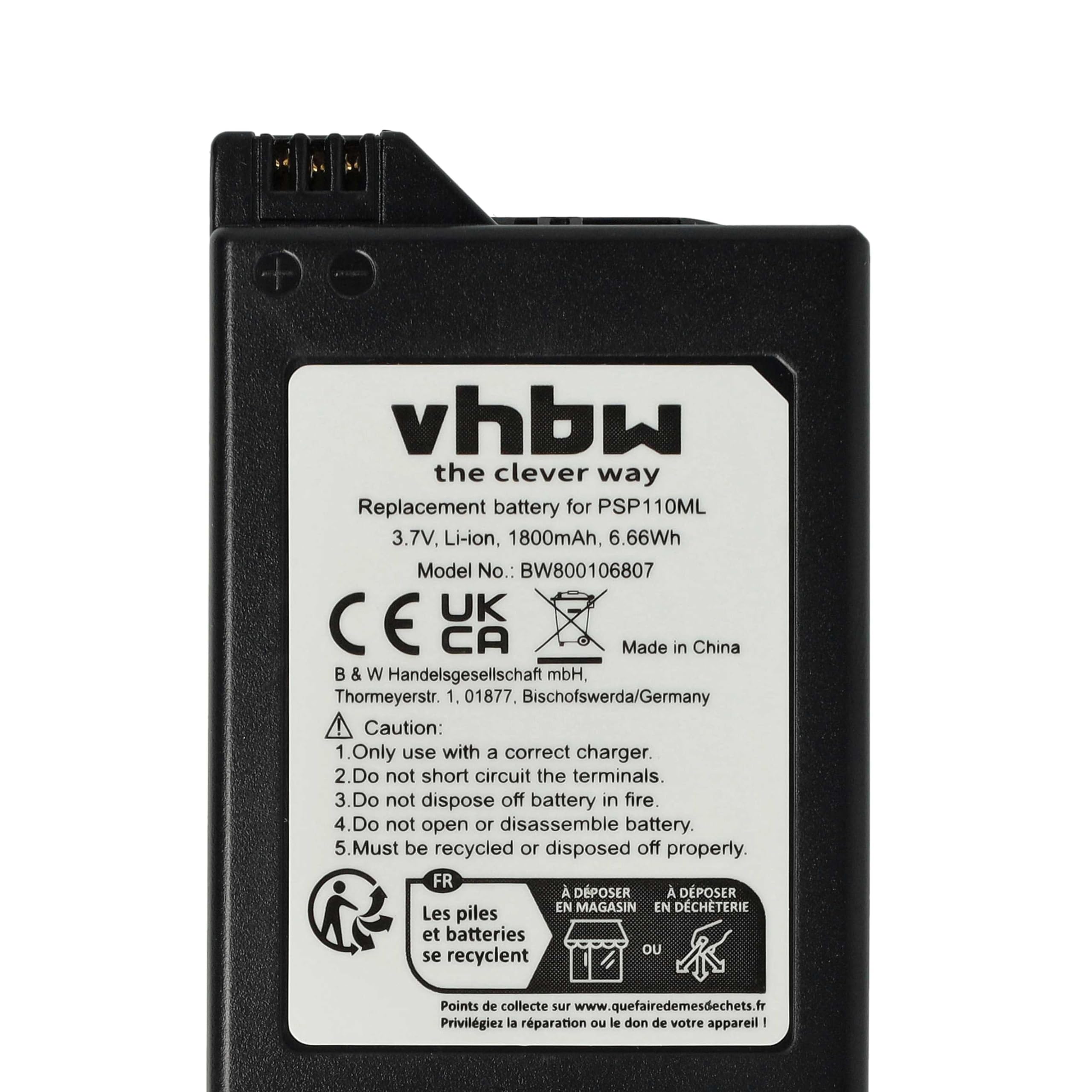 vhbw Batería Compatible con PlayStation Portable PSP-1000, PSP-1000K-CW, PSP-1001, PSP-1004, PSP-1006, PSP-1010 - Reemplaza PSP-110, PSP-280G (1800 mAh)