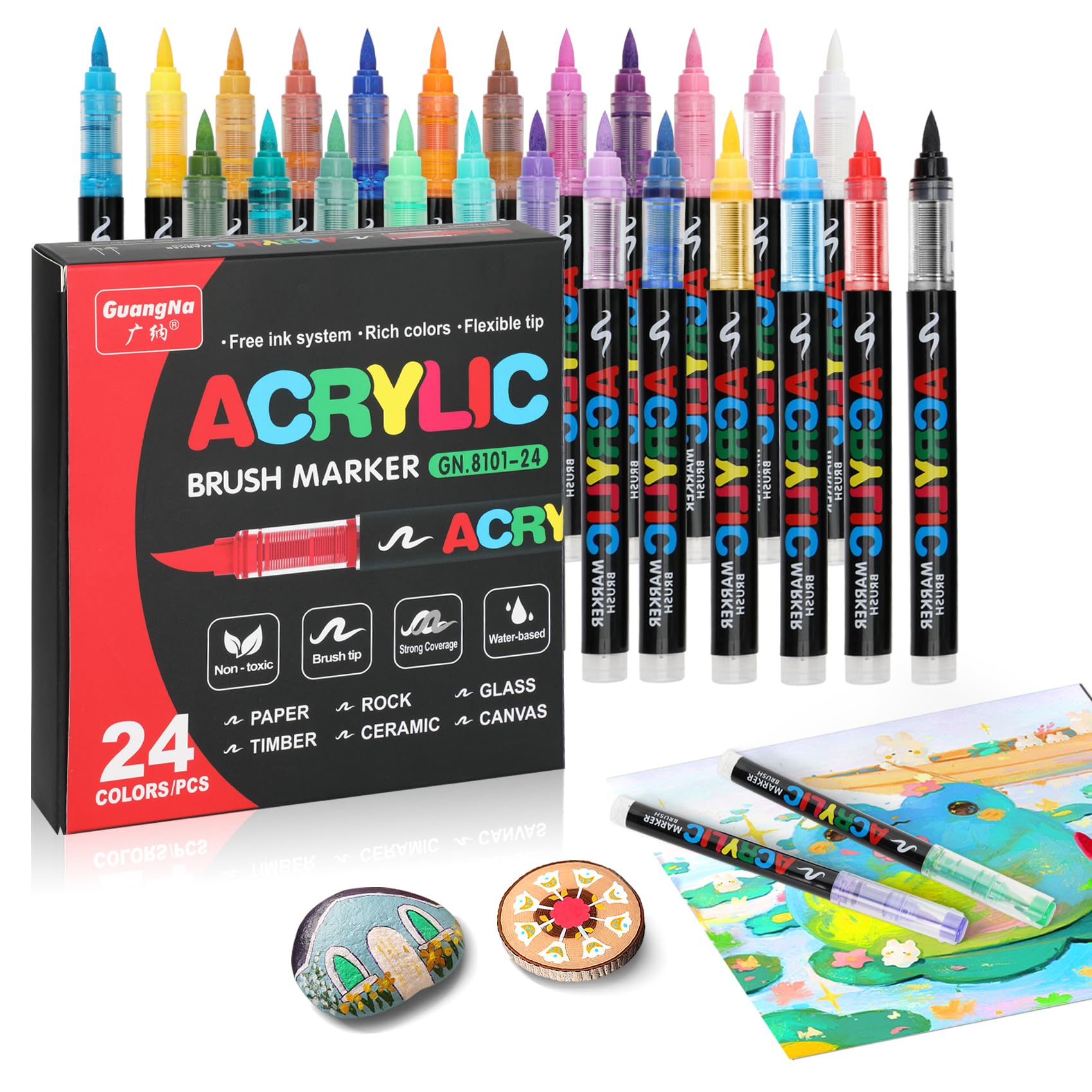 24 Colors Acrylic Paint Markers Brush Tip, Acrylic Paint Pens with Direct-Liquid Ink System, Paint Markers for Rock Painting, Fabric, Wood, Canvas, Plastic, Permanent, Washable,Quick-Drying,Waterproof