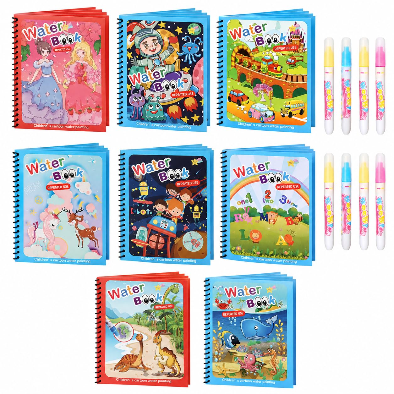 8 Pack Reusable Water Coloring Books for Toddlers, Paint with Water Books,Mess-Free Coloring Book, Portable Educational Doodle Drawing Toy, Improving Children's Imagination, Color Perception