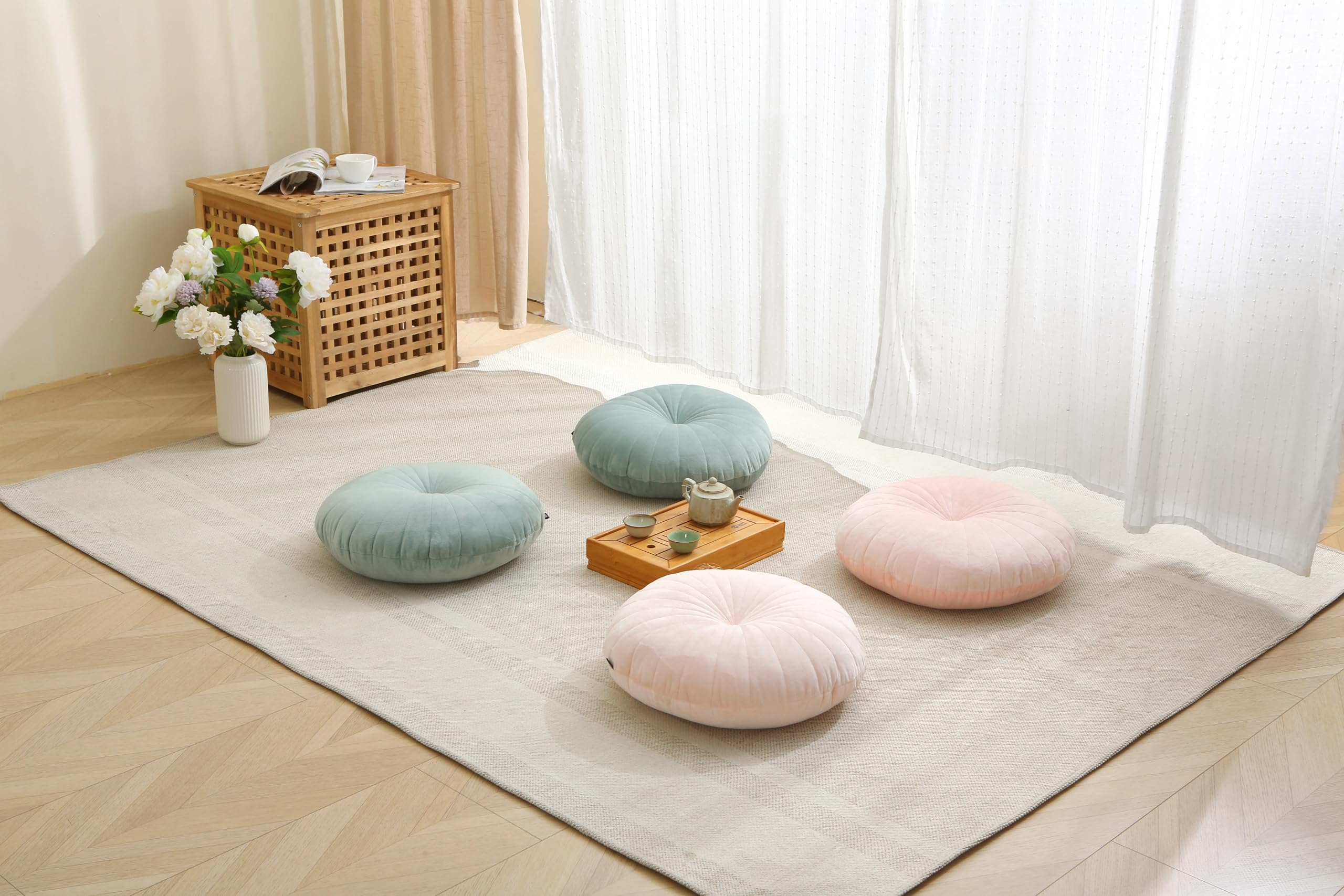 Coussin de sol rond de méditation pour adultes, coussin de sol épais en velours épais pour yoga, salon, balcon, tatami extérieur, 45,7 cm (rose)
