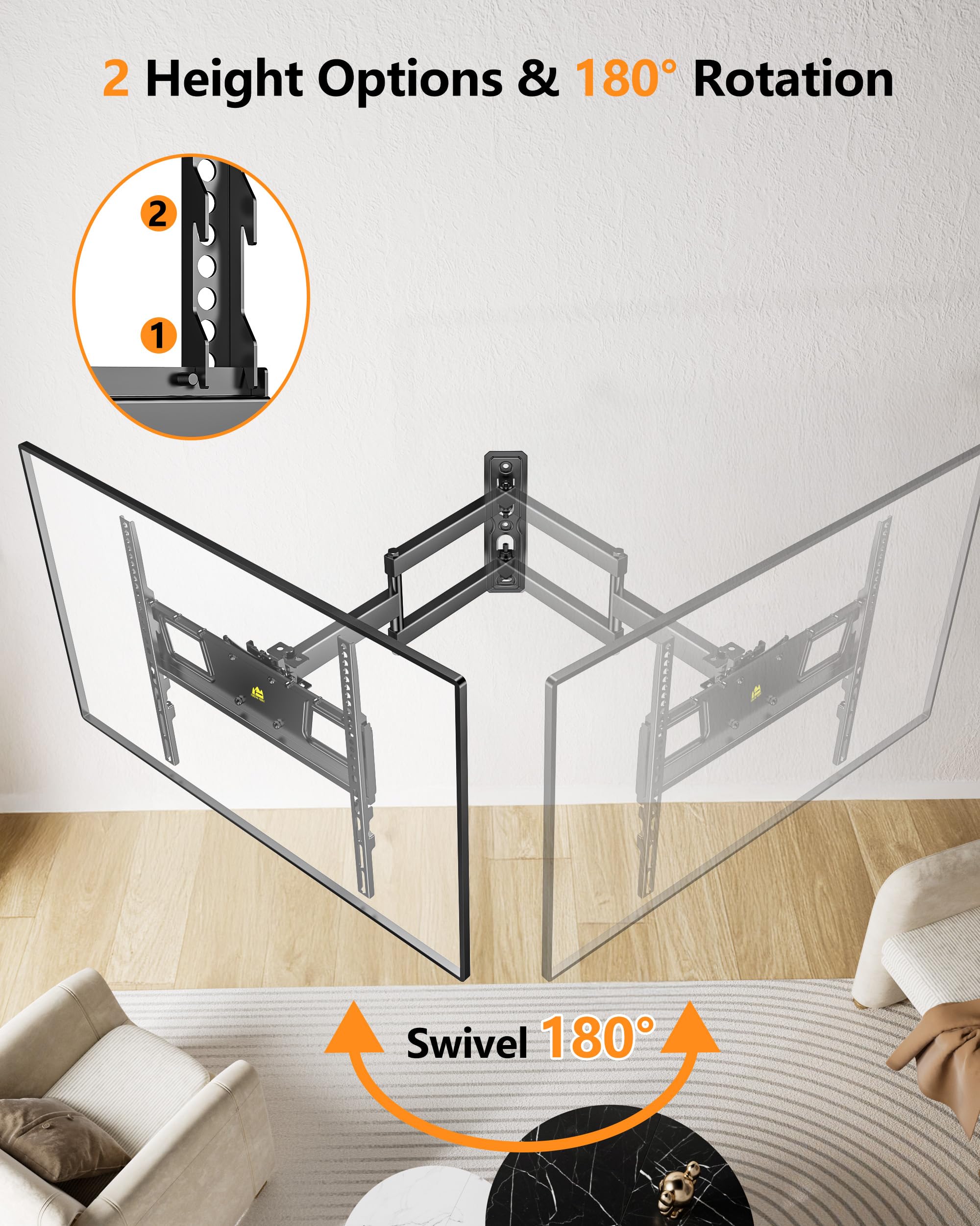 FORGING MOUNT Soporte de pared para TV de 26 a 65 pulgadas, soporte de TV de movimiento completo con extensión de 550 mm, rotación de 180° horizontal a vertical, montaje en pared inclinable, giratorio