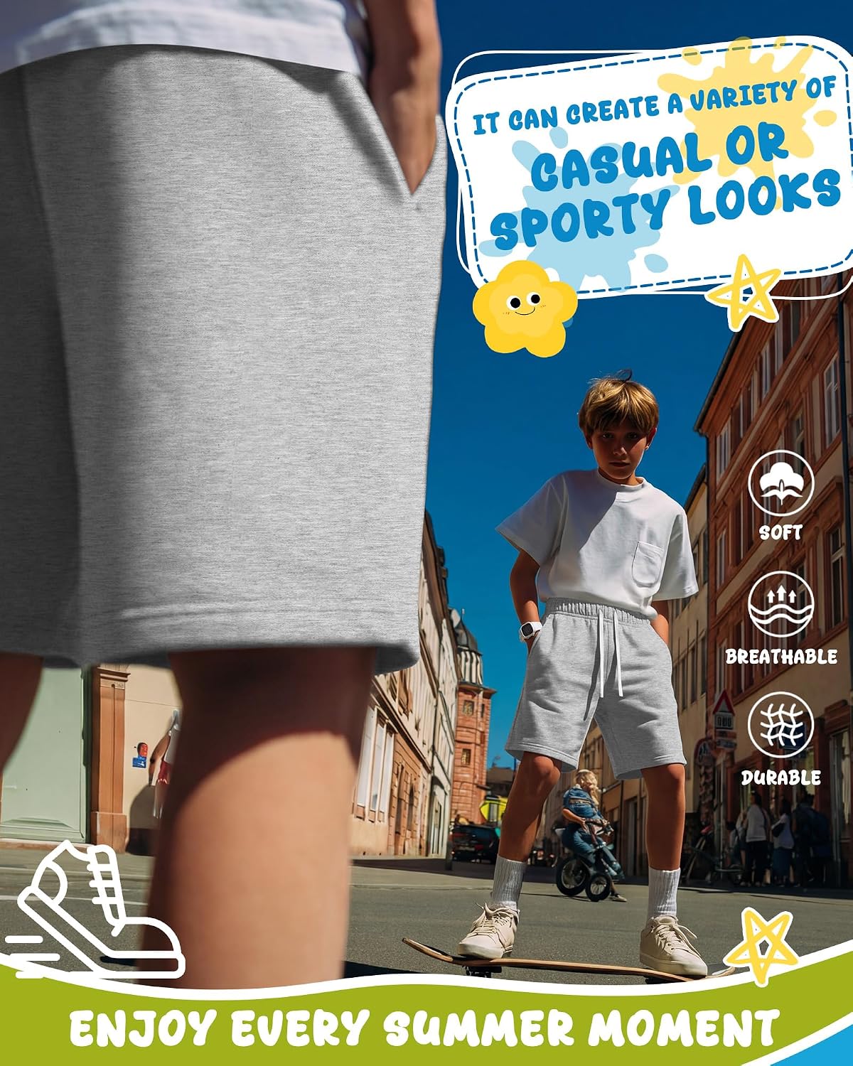 Boys Athletic Shorts Kids Drawstring Casual Elastic Waist Teen Summer School Sweat Shorts with Pockets 6-16 Years
