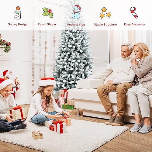 Miniatura 2 de GOFLAME Árbol de Navidad artificial flocado de nieve de 7.5 pies, árbol de Navidad delgado con bisagras con 1189 puntas de polietileno y PVC, base
