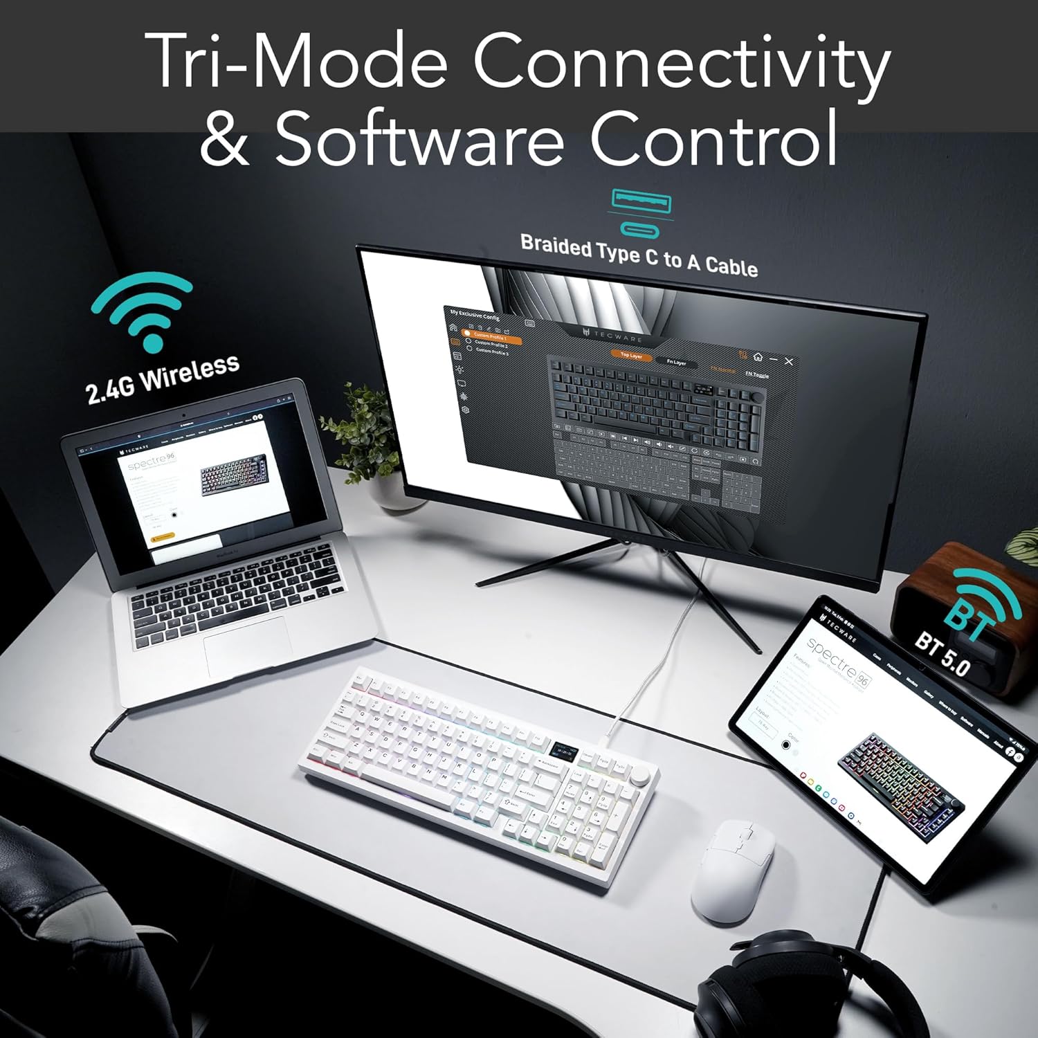 TECWARE Spectre 96% RGB Mechanical Gaming Keyboard | Customizable LCD Screen | Tri-Mode Wireless with Knob | Gasket Mount | South Face 5-Pin Hot-Swappable Sockets | White Candy Red Linear Switch