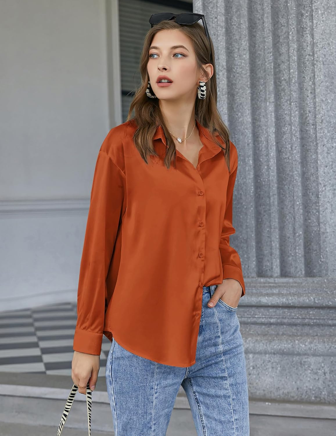 Chigant Women's Blouse Satin Silk Shirts Button Down Shirts Casual Loose Long Sleeve Office Work Tunic Tops - Image 4