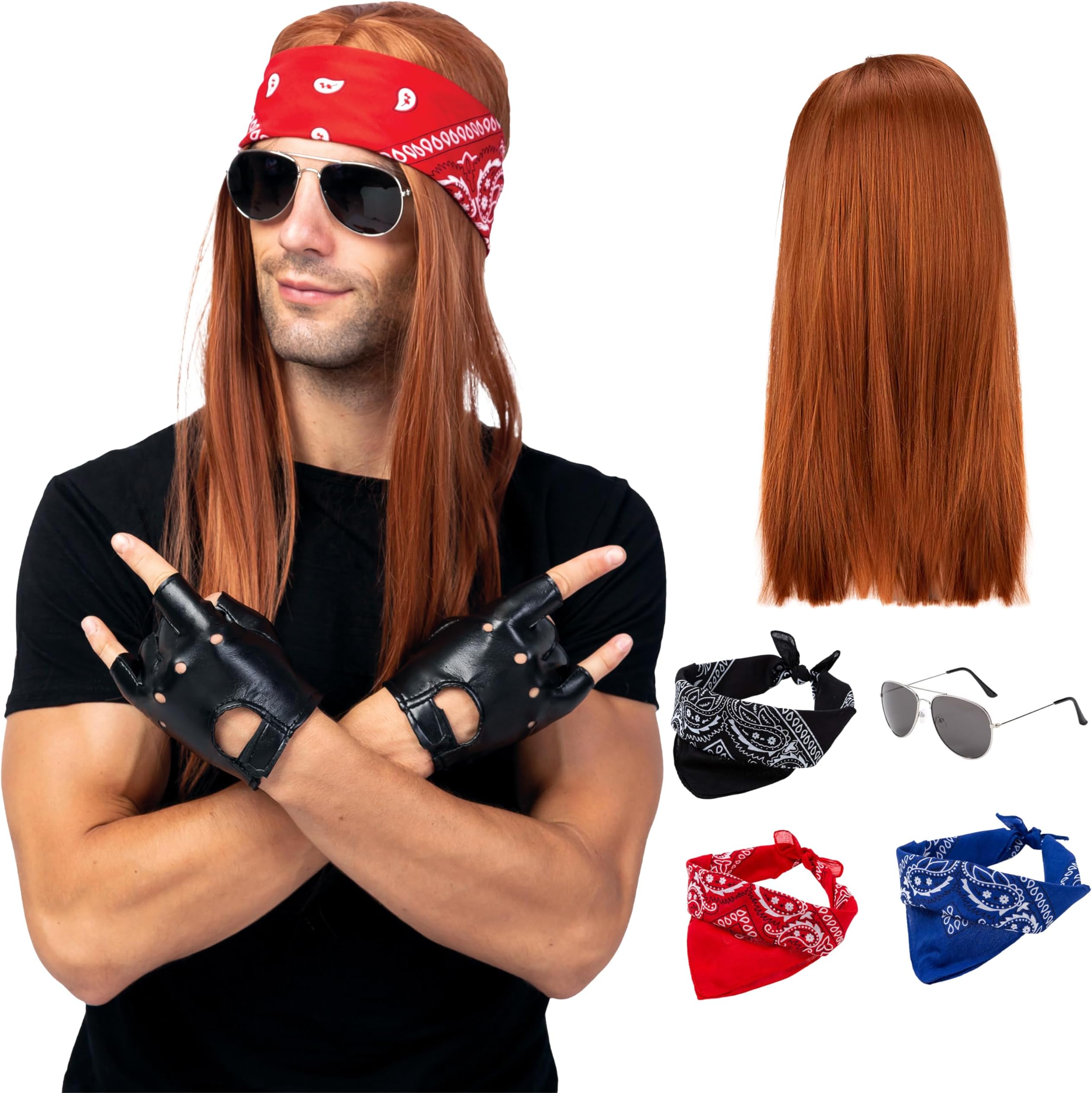 Spooktacular Creations Rockstar Costume 90s Heavy Metal Rocker Costume with Wig, Gloves, Sunglasses and Bandanas Halloween Costumes for Men