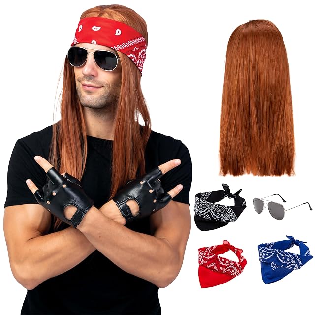 Spooktacular Creations 90s Disfraces de Rock de Metal pesado con peluca, guantes