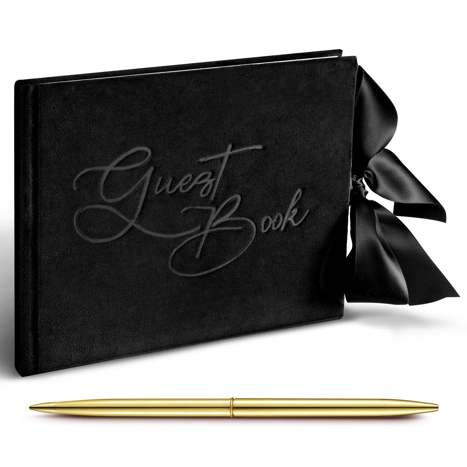 Panelee Wedding Guest Book with Pen, Black Velvet Guest Book 144 Pages