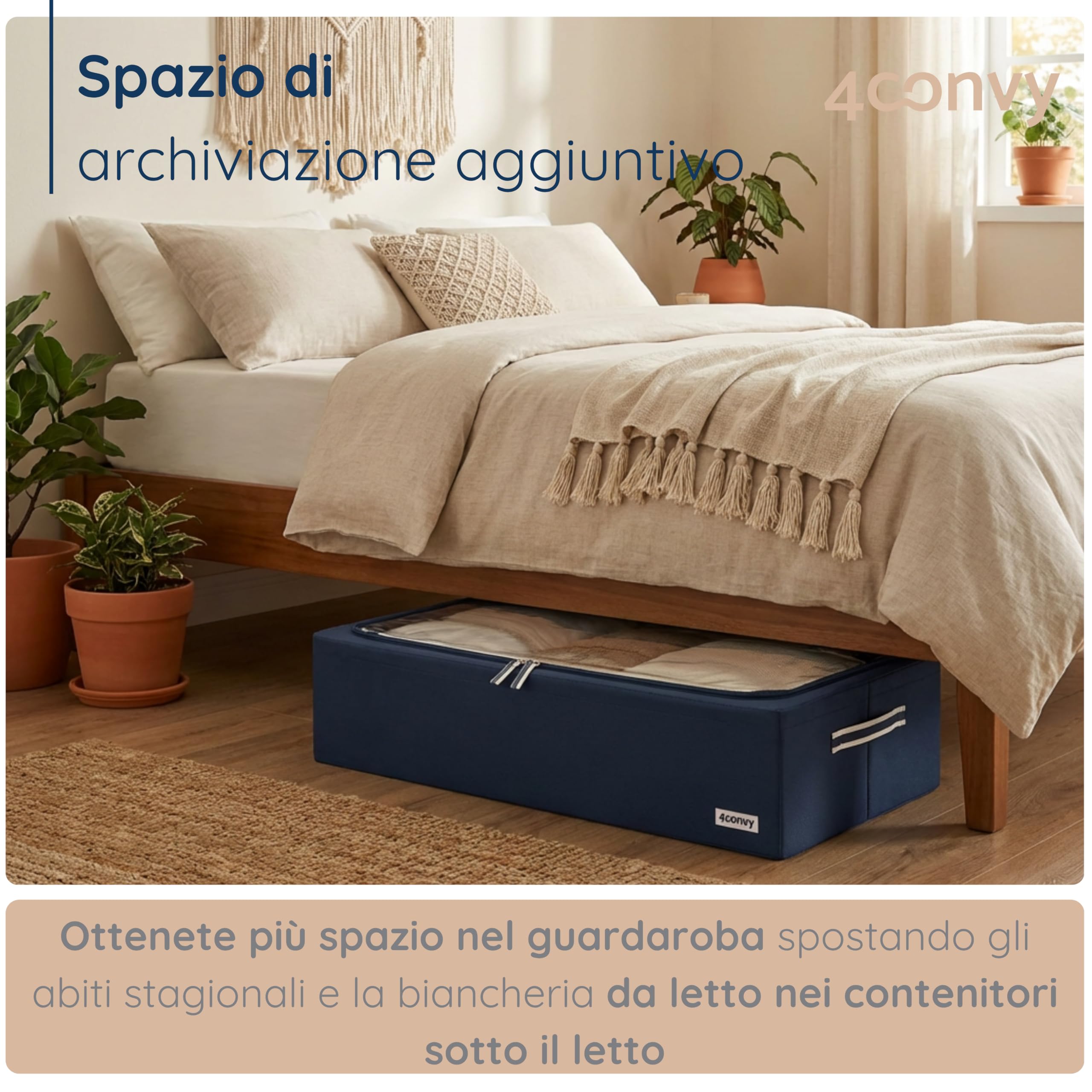 4CONVY contenitori per riporre sotto il Letto per Vestiti, Trapunte - Scatole per Armadio Rigide con Cerniera – [2024 MATERIALE AGGIORNATO] – Organizzatore con Struttura in Metallo Pieghevole – 2x68L
