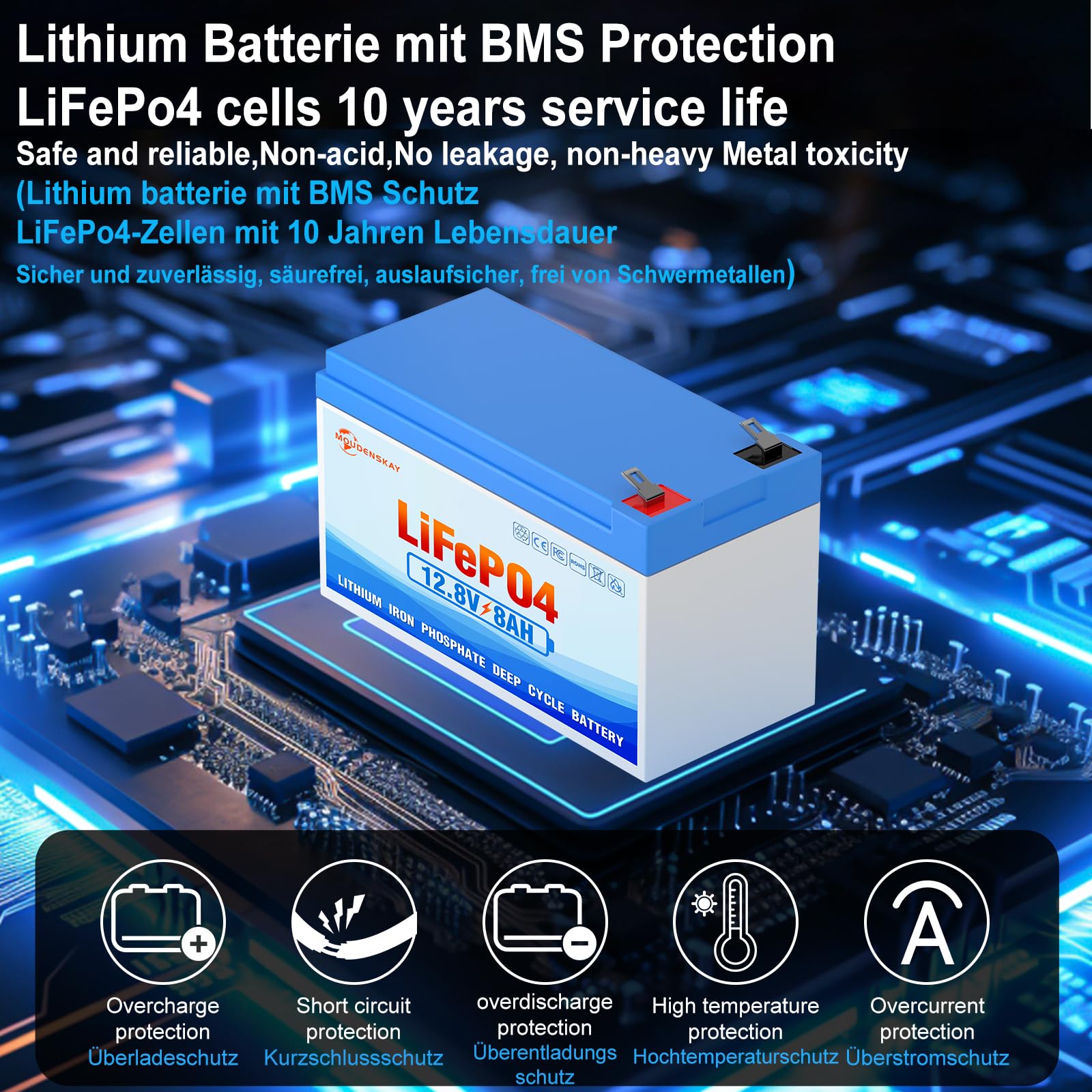 Batterie LiFePO4 12V 8Ah batterie au lithium lifepo4 12v | 3000+ cycles profonds et protection BMS pour éclairage de secours, camping, systèmes d'énergie
