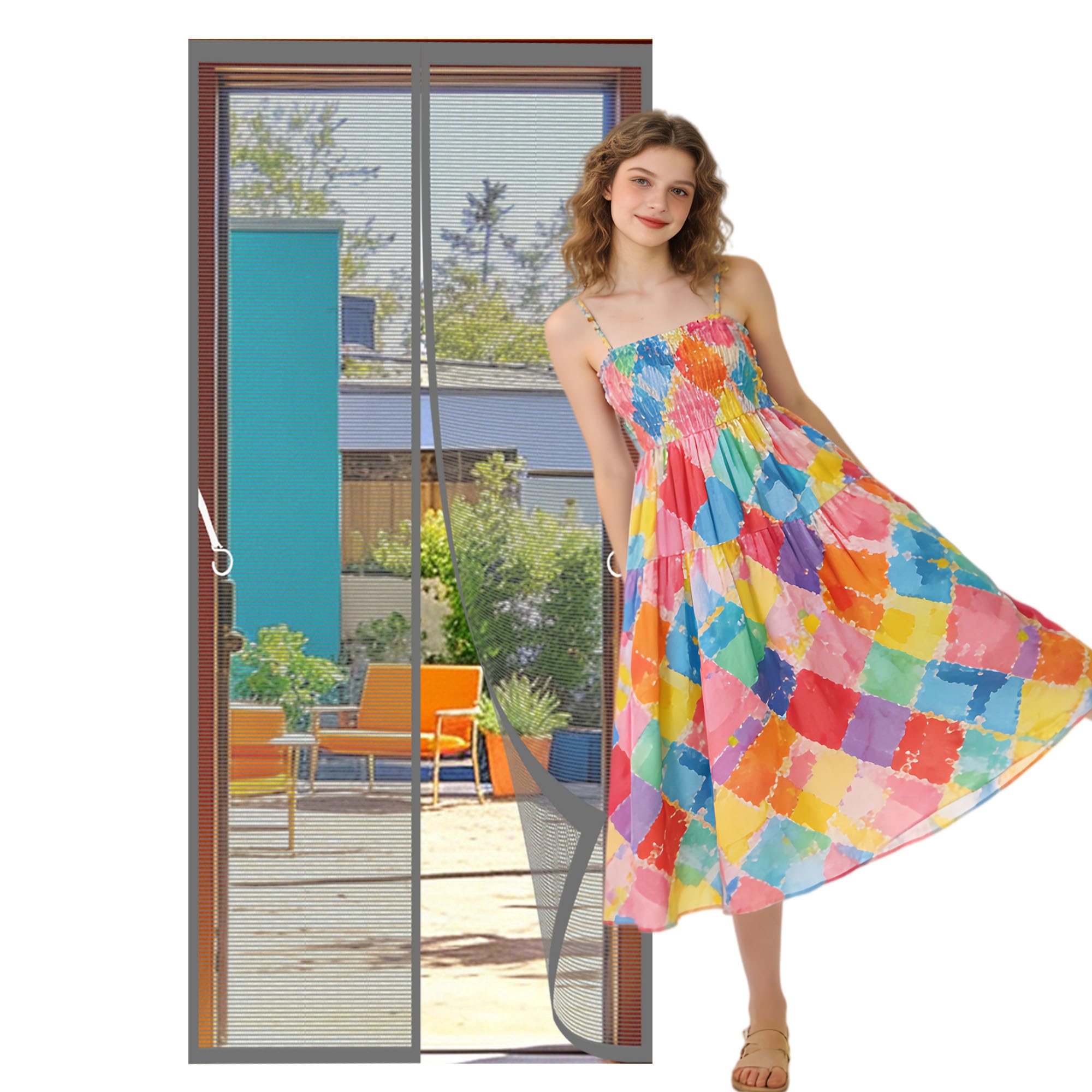 Magnetic Door Curtain 127 x 182 cm Hundreds of Sizes Heavy Duty Fly Door Powerful Magnets and Full Frame Magic Tape, No Drill Installation for Living Room, Bedroom, Patio, Grey