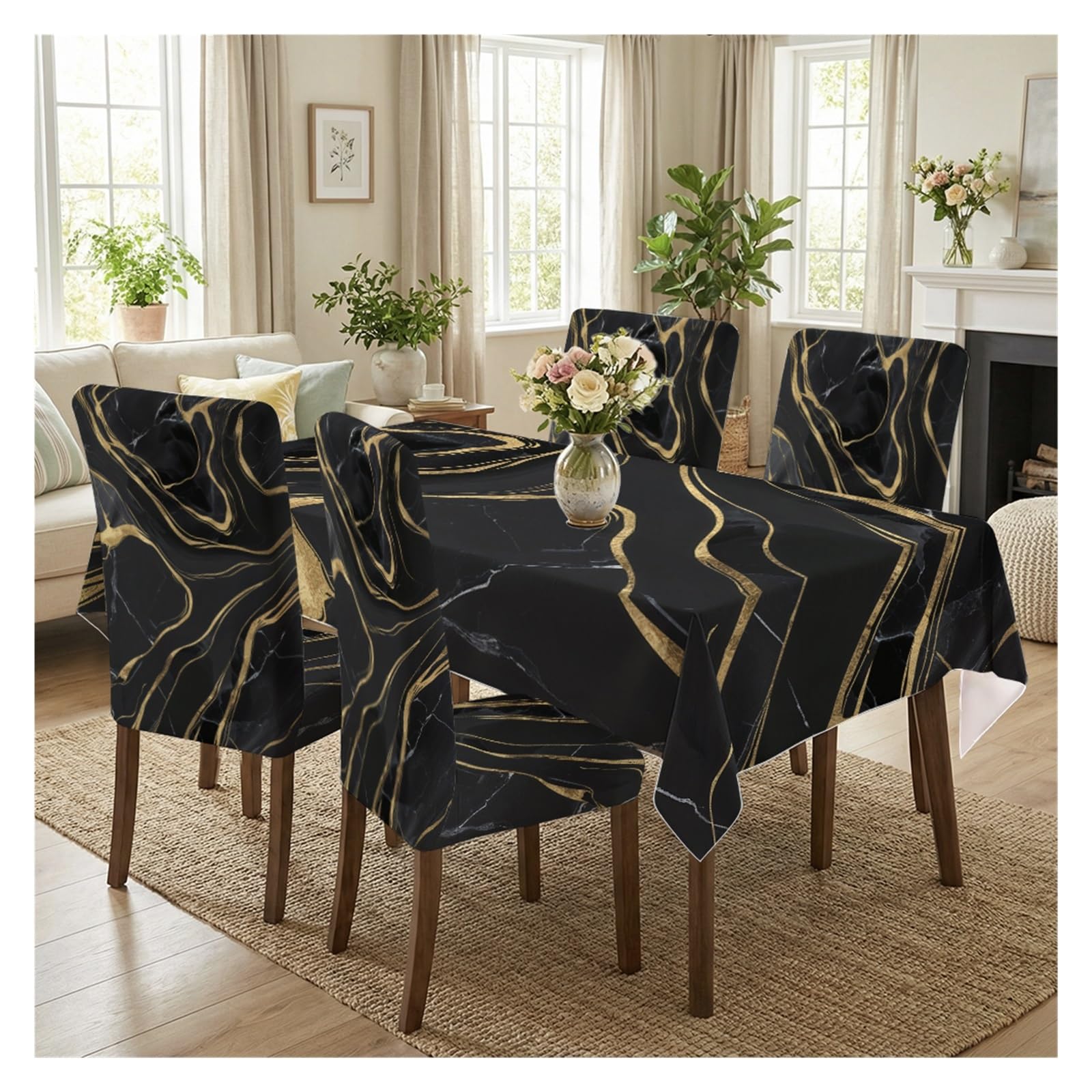 BOSUYBN Black Gold Marble Dining Tablecloth & Chair Covers Set, 5/7 Piece Modern Luxury Abstract Fluid Print Slipcovers For Chic Home Decor Table Setting(5pcs Set: Tablecloth+Chair Covers)