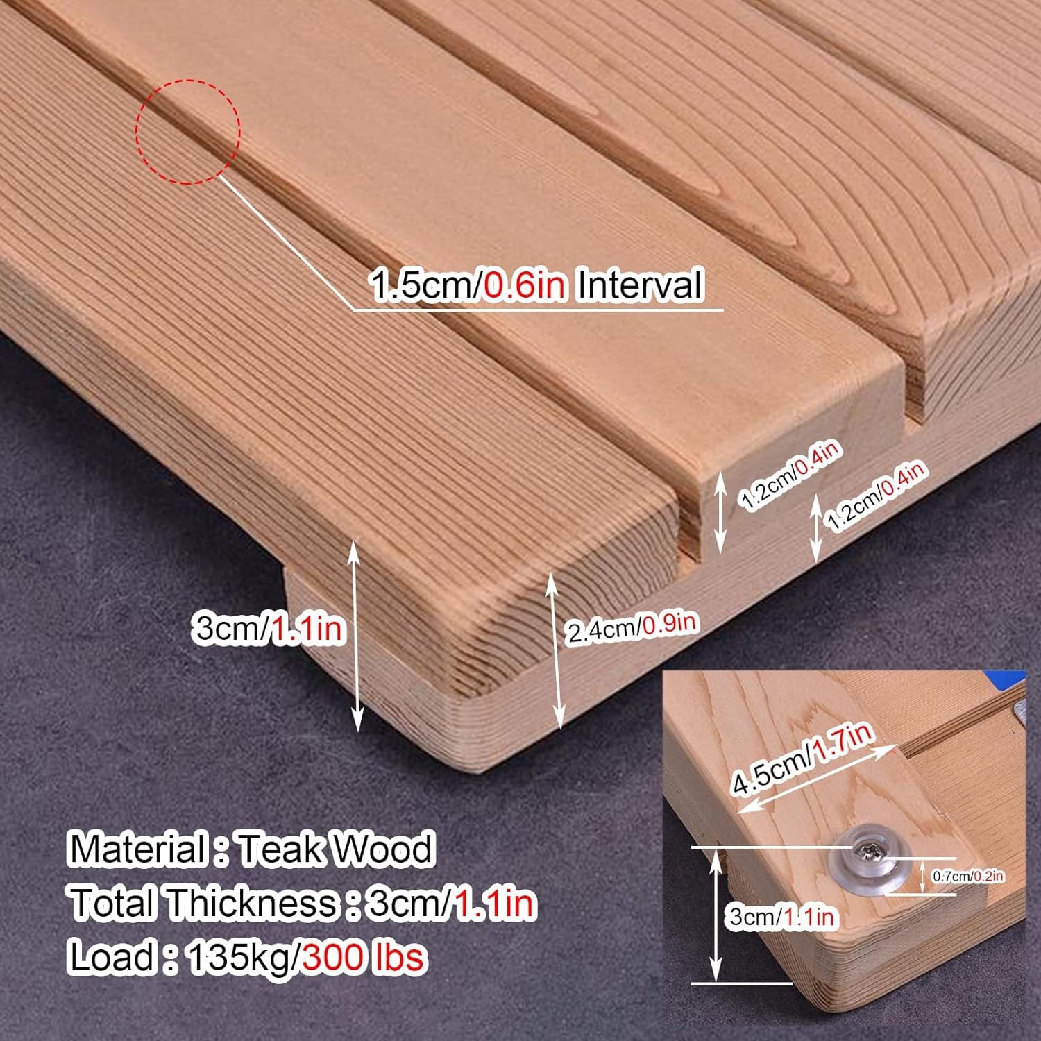 Tappetino da bagno antiscivolo in legno di teak per adulti anziani comodo tappetino da doccia 70 x 70 cm per pavimento del bagno superficie antiscivolo piattaforma di sicurezza per anziani