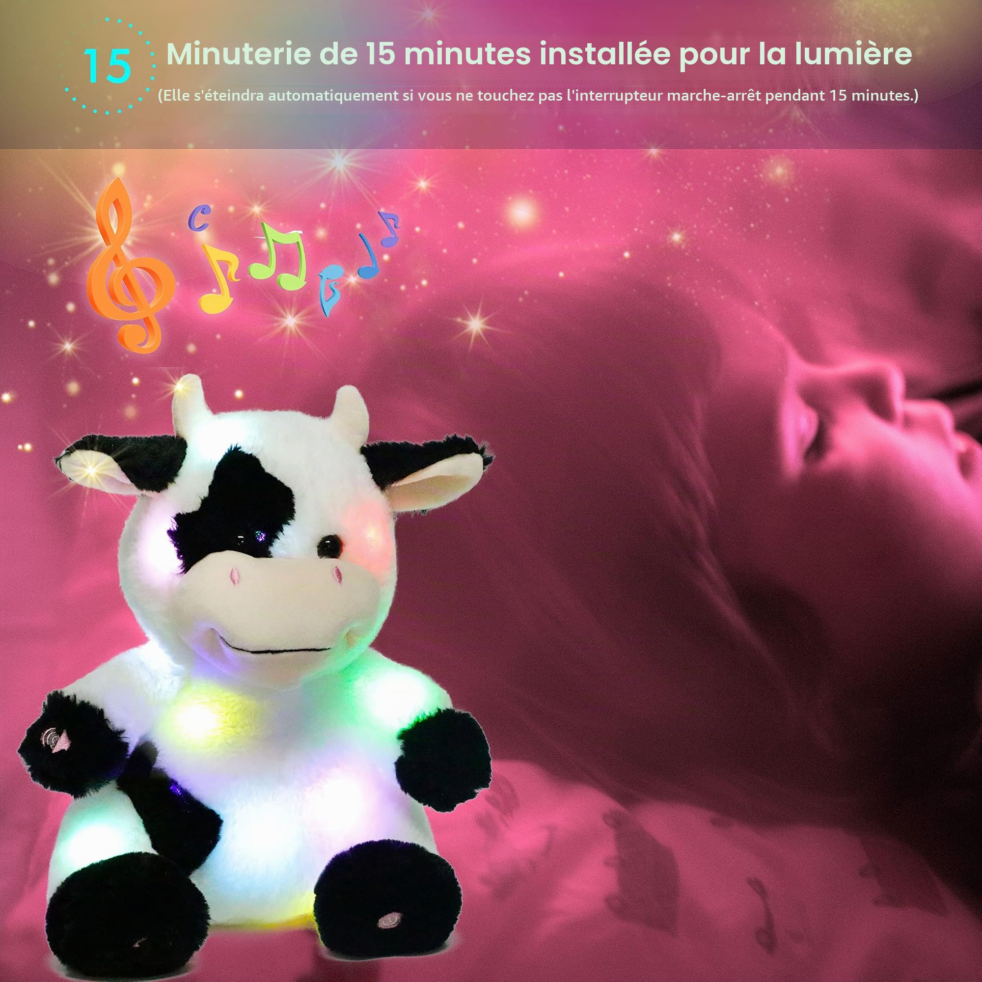 Hopearl Vache Musicale Peluche Lumineuse LED Qui Chante Volume Réglable, Veilleuse Animée Apaisante - Cadeau Anniversaire Fête pour Enfants Filles, 33cm