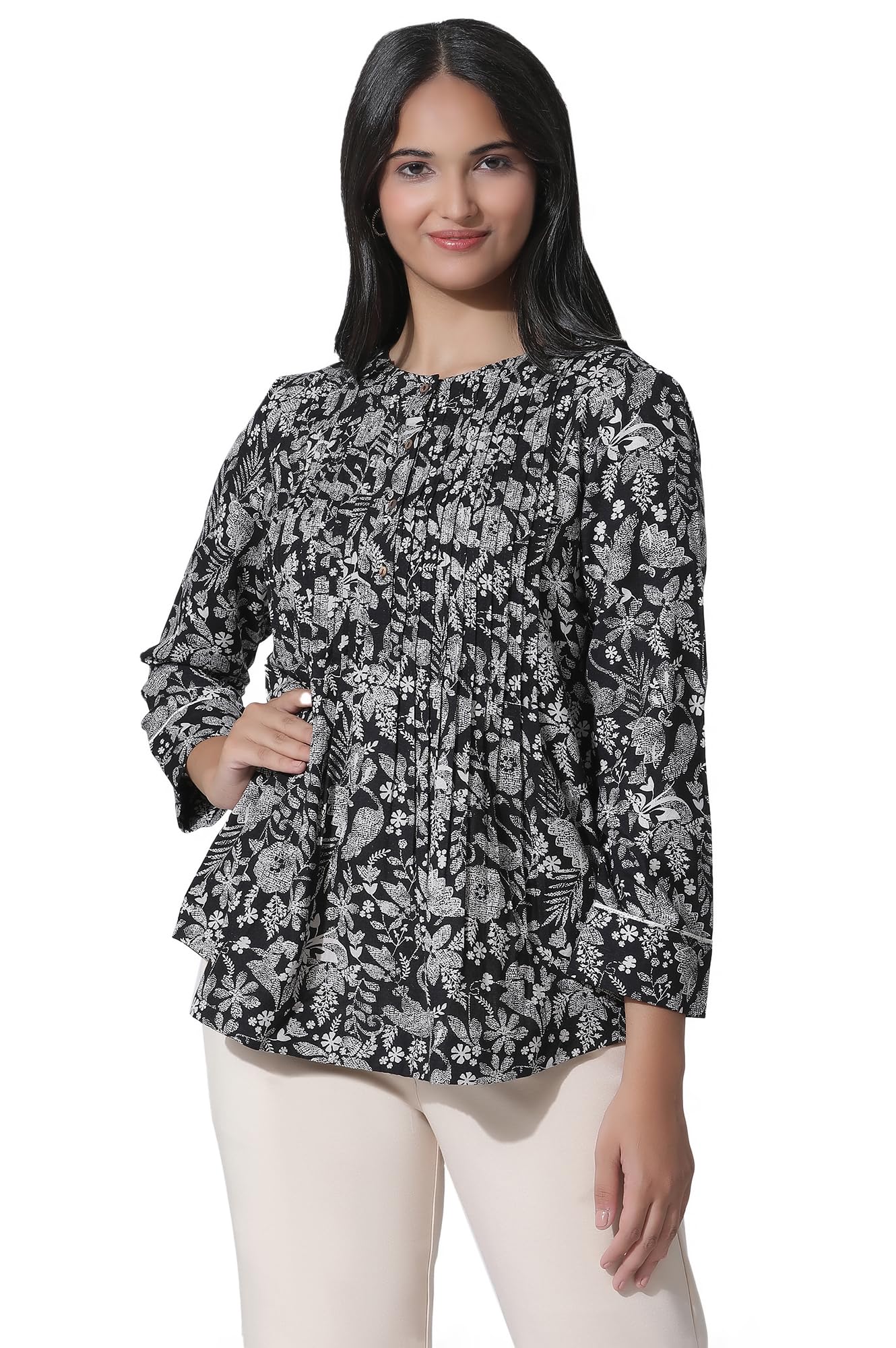 Black Floral Printed Top with Front Pleats-image-30