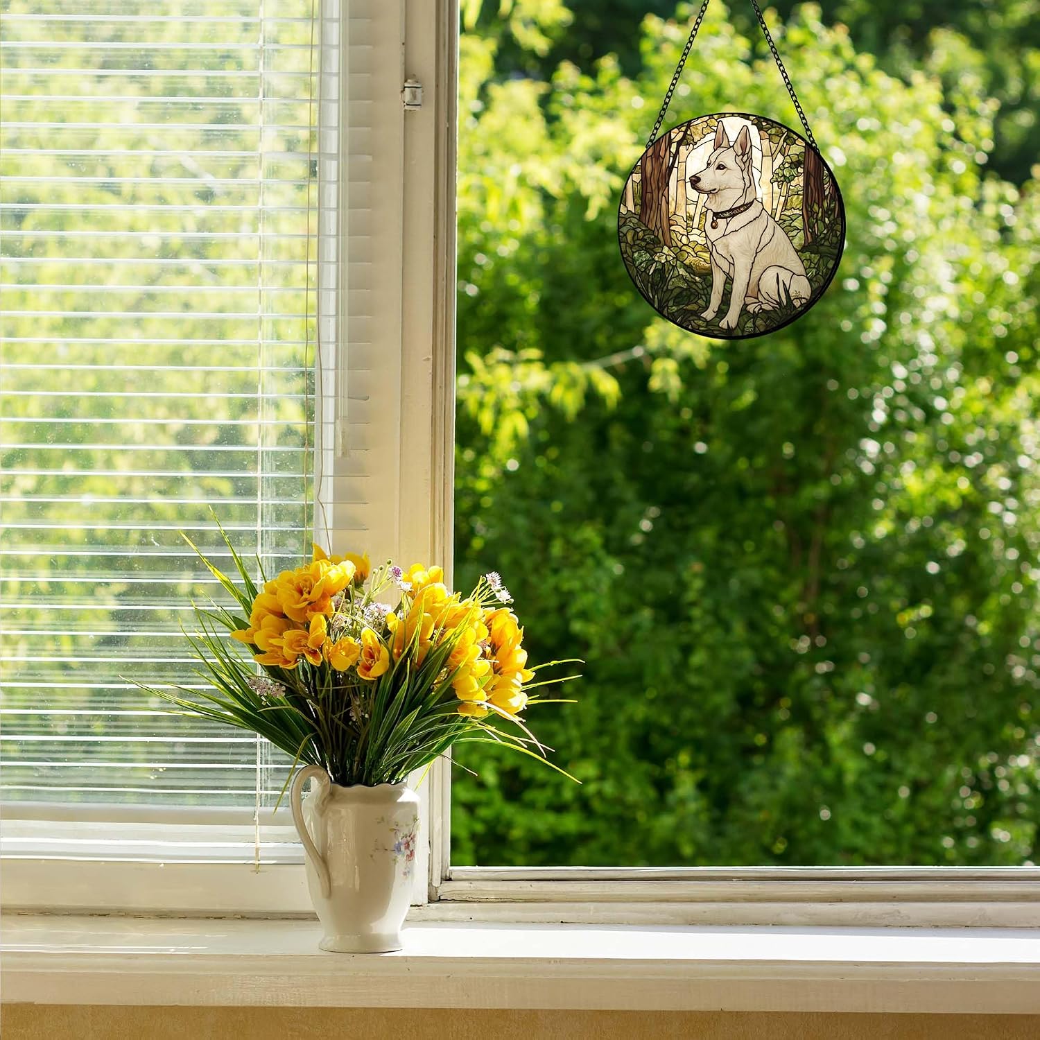 Stained Glass Suncatcher Dog White German Shepherd Handmade Window Hangings Colored Glass Suncatcher Crafts Kits for Indoor Garden Christmas Home Decor Gift for Pet Lover 6.3 in (1)