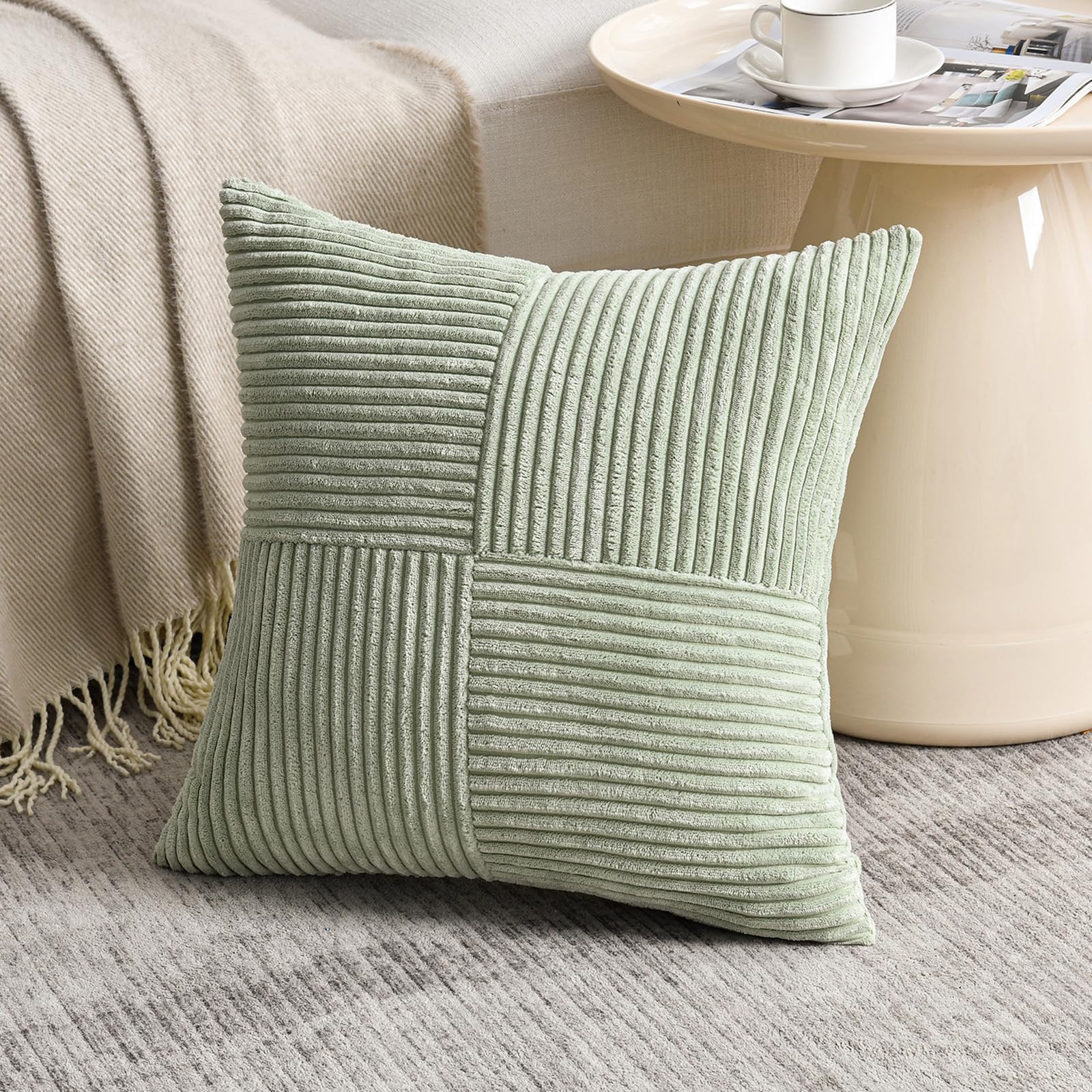 FDTERN Sage Green Decorative Throw Pillow Covers 18x18 Inch for Living Room Couch Bed Sofa, Farmhouse Boho Home Decor, Soft Corss Corduroy Patchwork Textured Square Cushion Covers 45x45 cm — image 1
