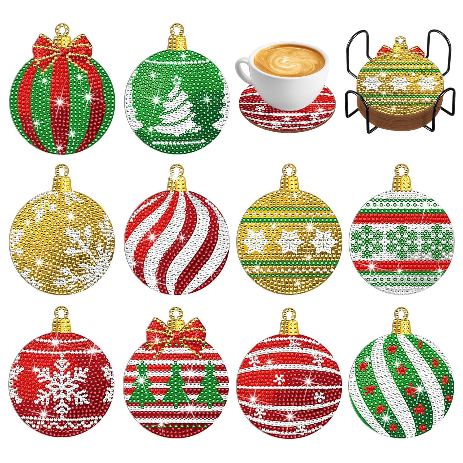 Delaesi Diamond Art Coasters Diamond Painting Coasters 10 Pcs 5D Diamond Painting Christmas Kits With Stand Christmas Painting For Cups Wine Glasses Vases