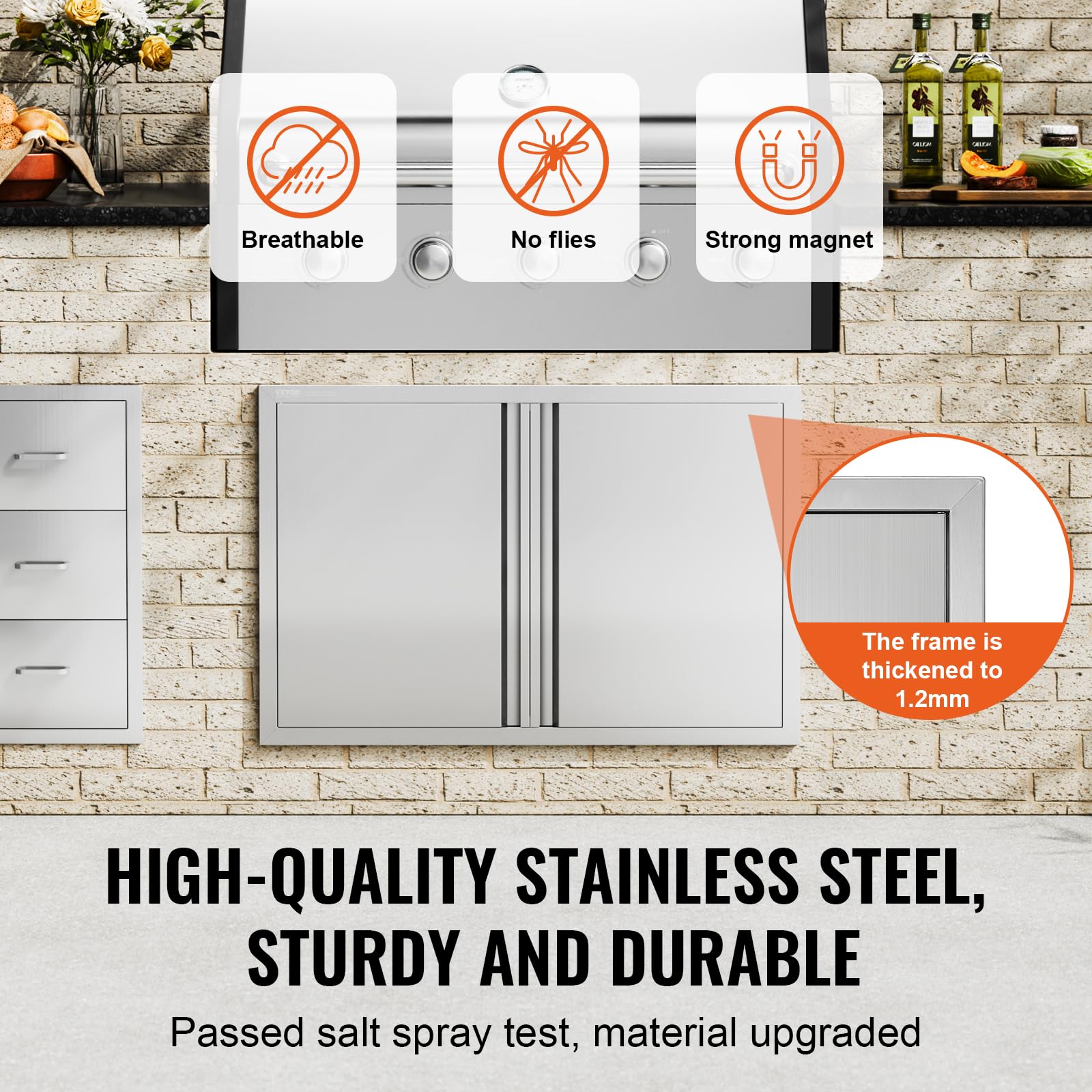 VEVOR Porta di accesso per barbecue, 91 x 61 cm (larghezza x altezza), doppia porta verticale in acciaio inox con maniglie da incasso, per barbecue e stazione di cottura