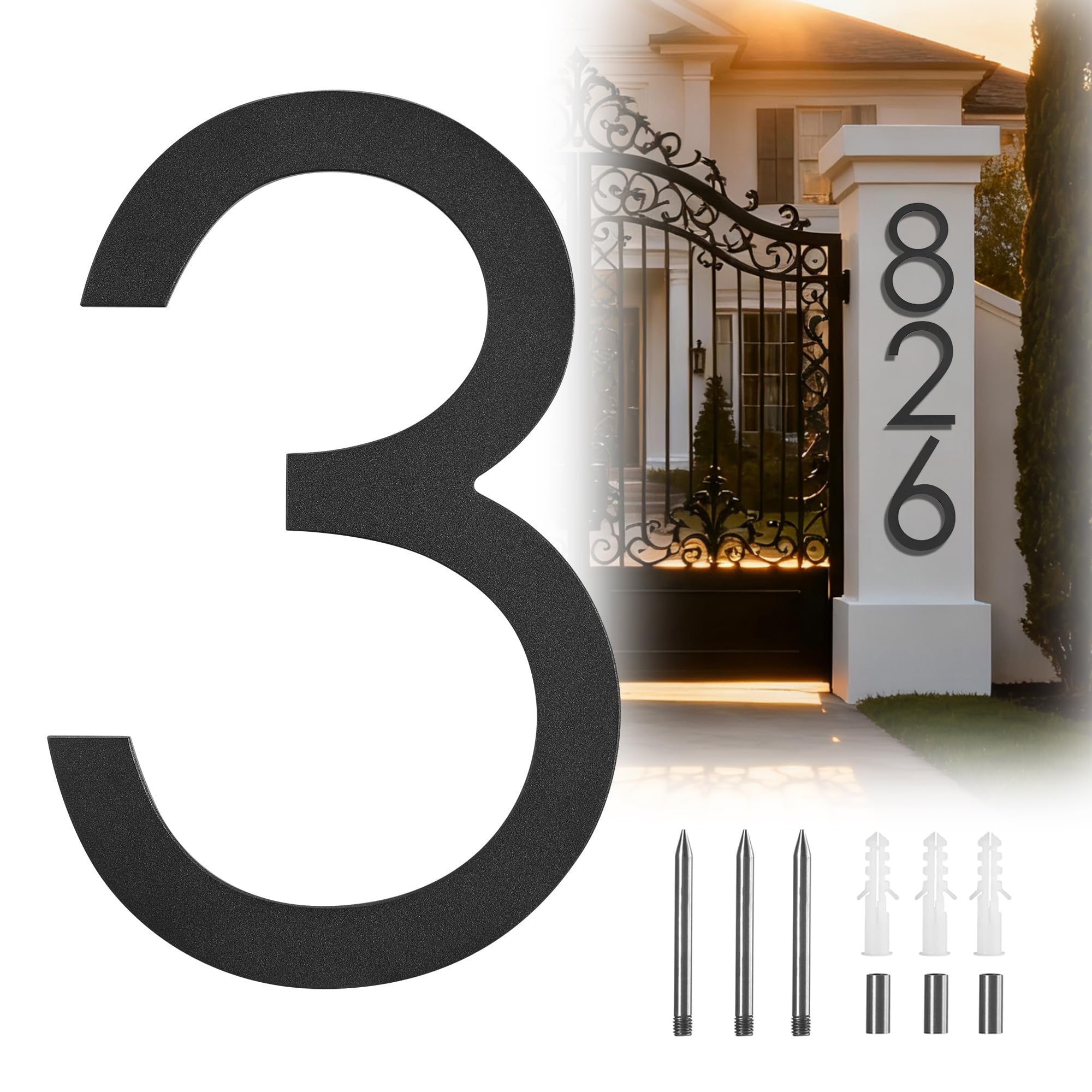 Photo 1 of 12 Inch Large Address Numbers For House Large Modern Floating House Numbers, Outdoor Metal House Numbers Matte Black Vertical Horizontal Aluminum Home Address Numbers 3