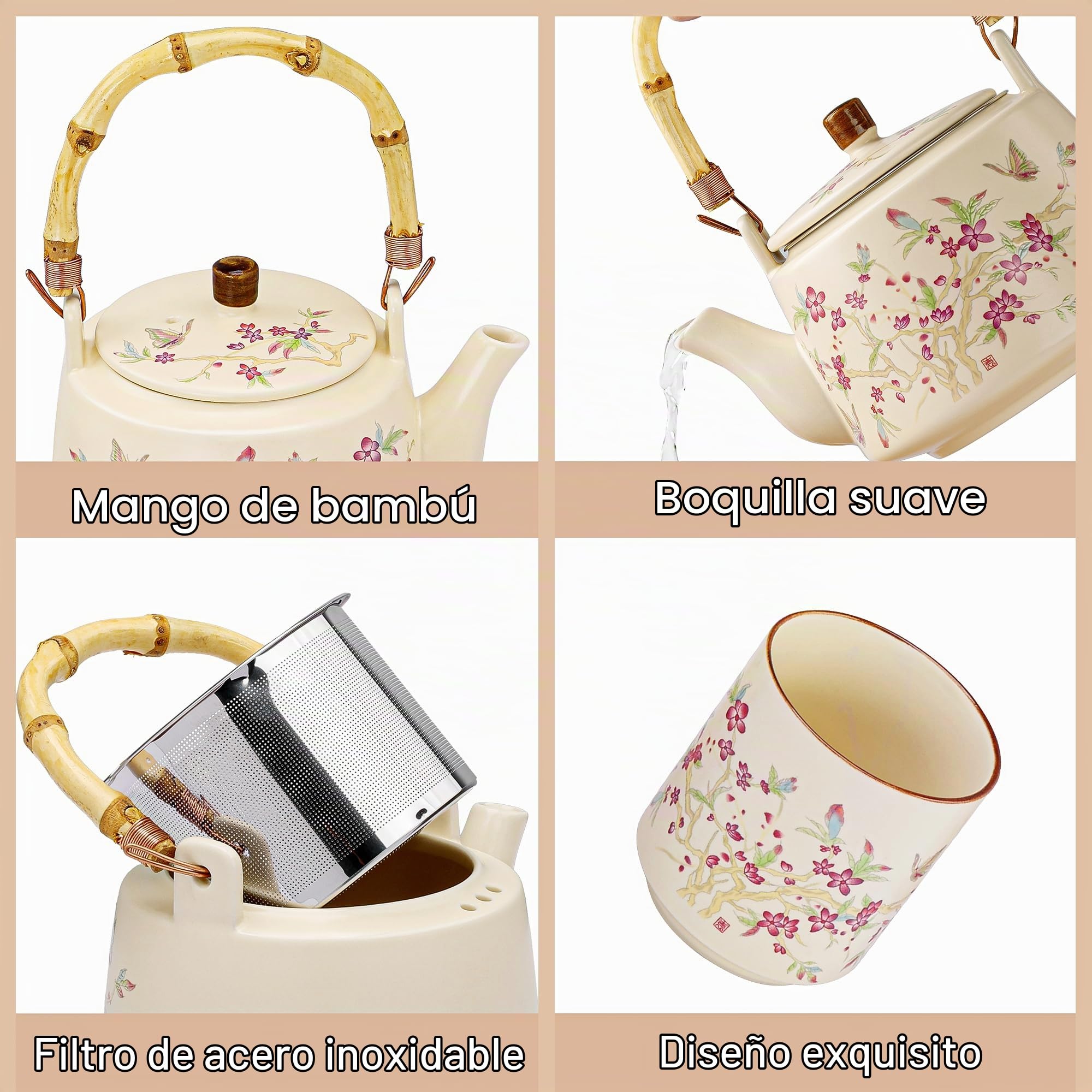 fanquare Juegos de té Kungfu con flores Tetera de porcelana esmaltada amarilla con infusor Tazas de té japonesas para adultos Regalo, una tetera con 4 tazas