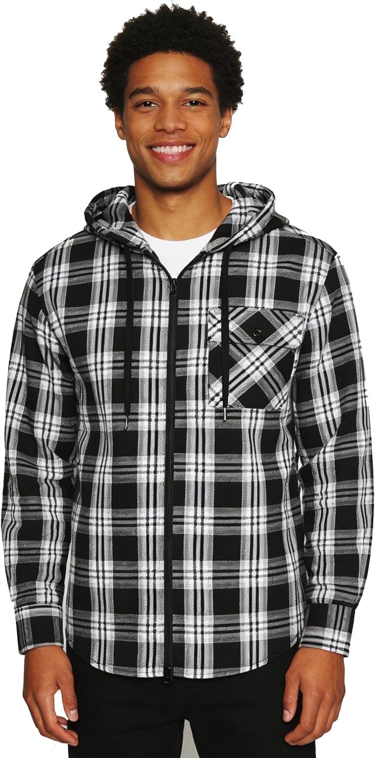 Hooded Flannel Shirt for Men Spring Casual Zip Up Plaid Hoodie Stylish Long Sleeve Plaid Shirts with Pocket - Image 3