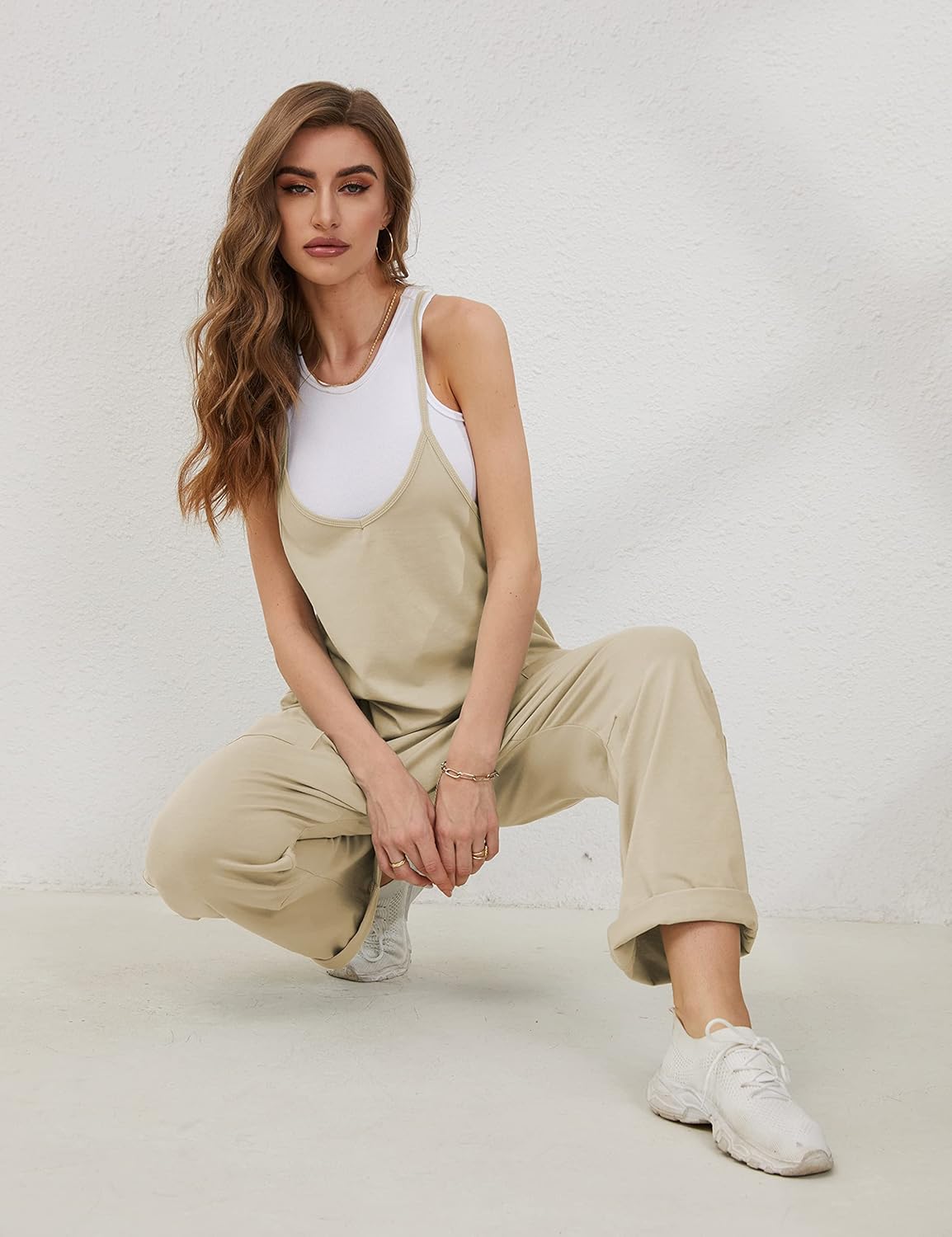 Lentta Women's Causal Jumpsuits V Neck Sleeveless Harem Overalls Stretchy Adjustable Strap Romper with Pockets - Image 8