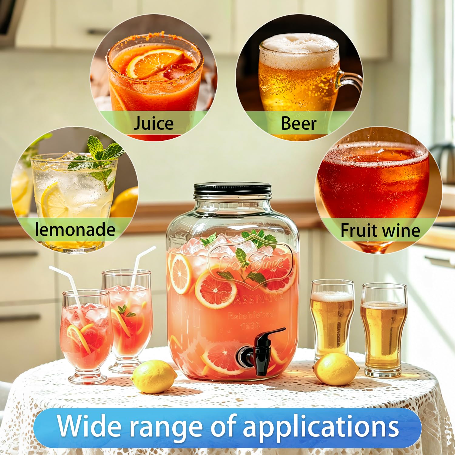 Getränkespender aus Glas mit Ständer + Küchenmatte, großer Getränkespender für Partys, Limonadenspender für Sonnentee, hausgemachter Saft, 2 Stück