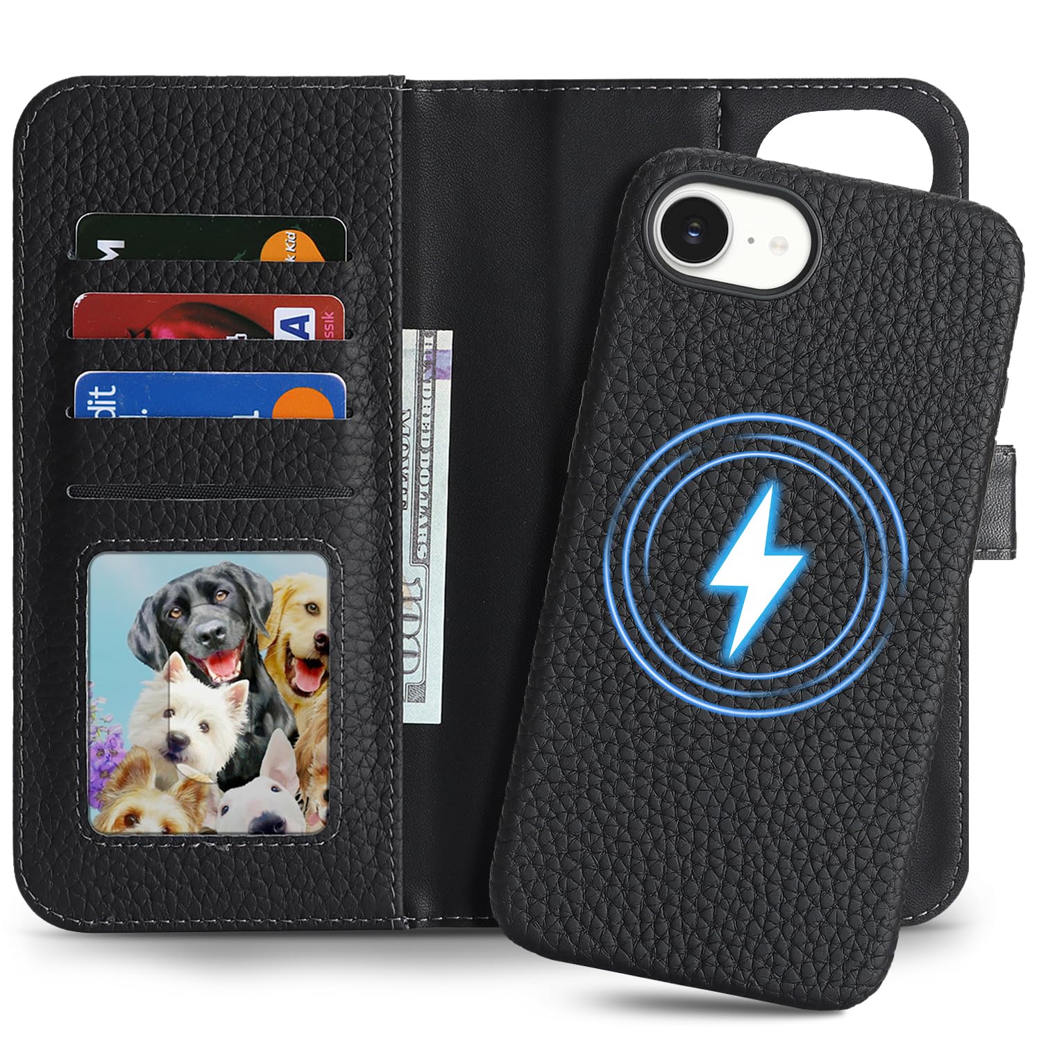 Detachable Genuine Leather Case for iPhone 16e/ iPhone 17e Wallet Case Magnetic 2in1 Removable Flip Cover Book Purse Compatible with Magsafe Charging Kickstand Card Holder-Black