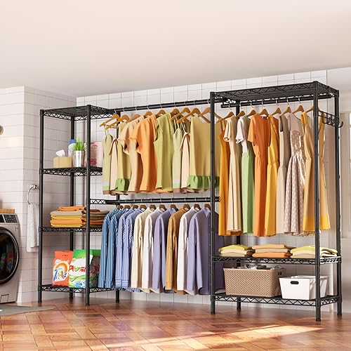 Miniatura 7 de Perchero extensible resistente para ropa, gran sistema organizador de armario de metal, estante de ropa independiente con 9 estantes de alambre