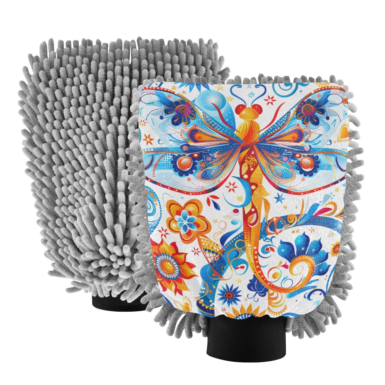 IOACIY Absorbent Microfiber Car Wash Drying Mitts, 2 Pack, Scratch-Free & Lint-Free, Rich Foam, Highly Absorbent, Double Sided, Wash Mitt Perfect for Car Washing, L, Dragonfly (3)