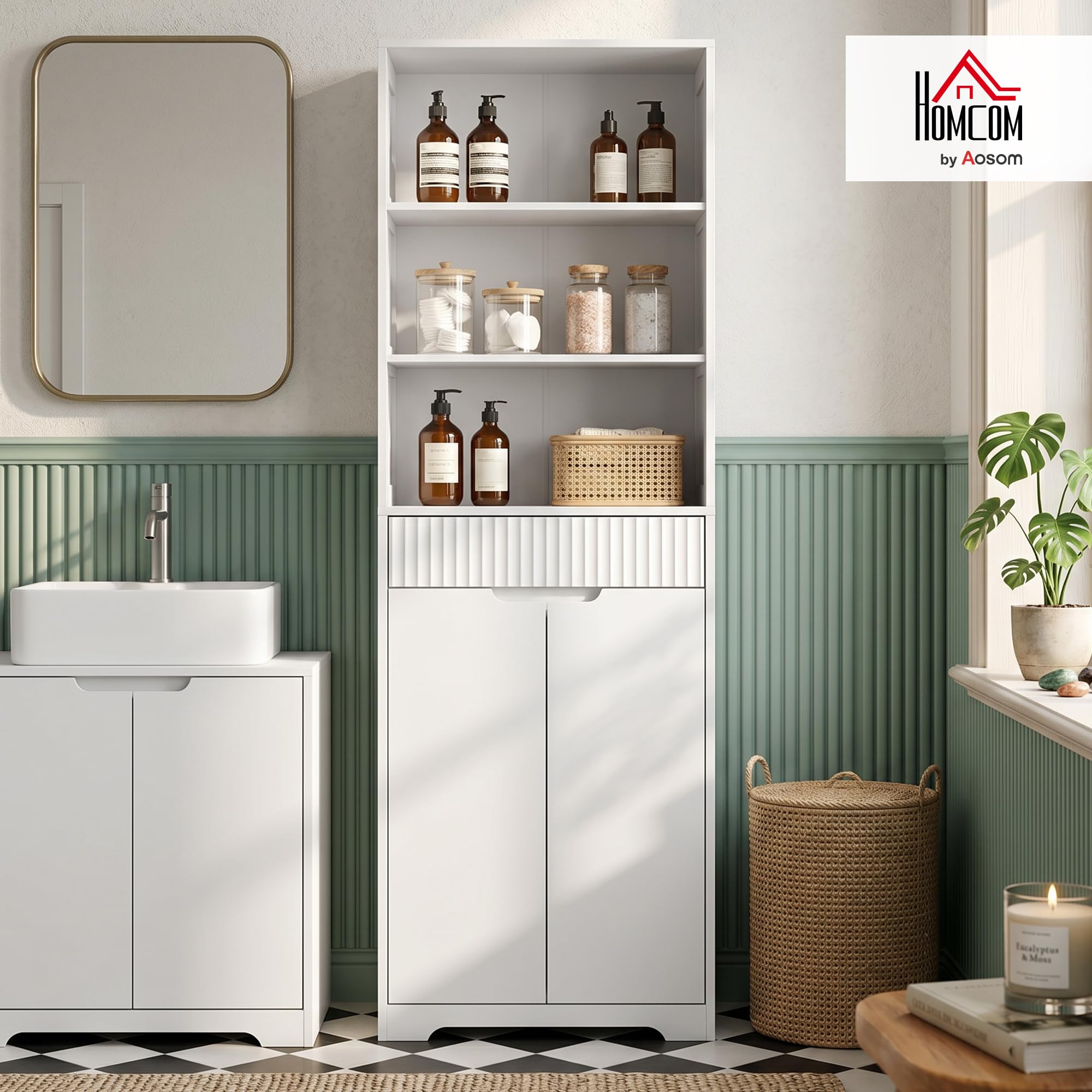 HOMCOM Mobile Bagno Alto Stretto, Mobiletto Bagno Salvaspazio con Armadietto Ante Soft Close, 3 Ripiani Aperti, Cassetto Scanalato, Ripiano Regolabile, per Lavanderia, 60x30x171 cm, Bianco