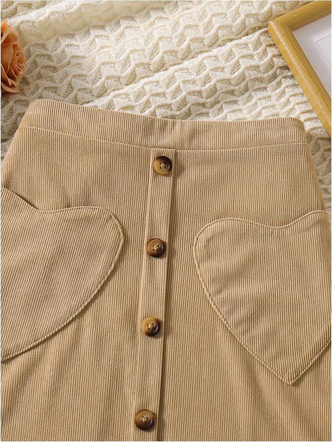Verdusa Girl's Button Midi Skirts Ribbed A Line Skirt with Heart Pockets Spring Fall Fashion - Image 3