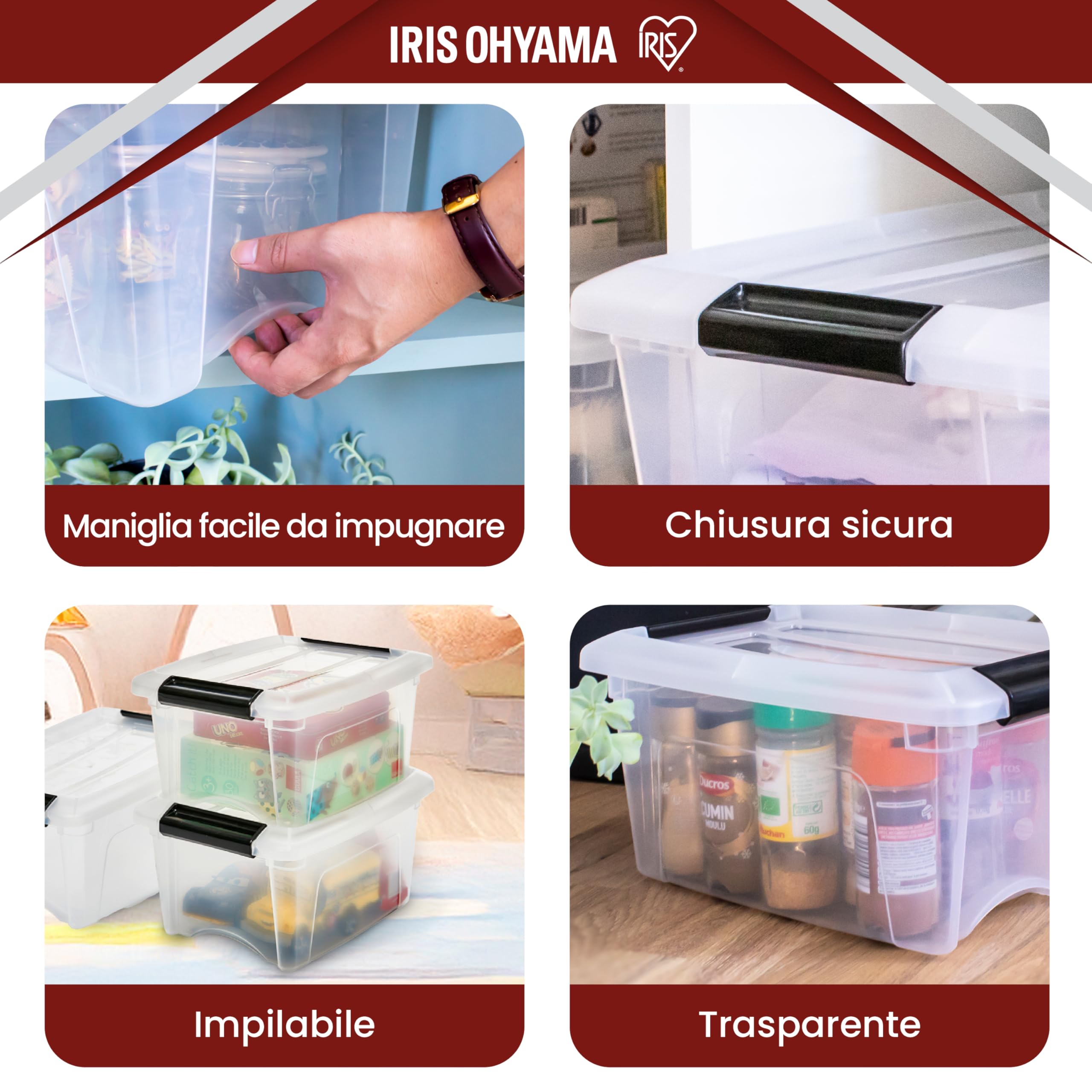 Iris Ohyama Scatole Portaoggetti in con Coperchio, 5L, Lotto di 3, Trasparente, Clip di Bloccaggio, Empilabile, Maniglia, Per Camera, Armadio, Ufficio, Organizzatore, Senza BPA, NTB-5