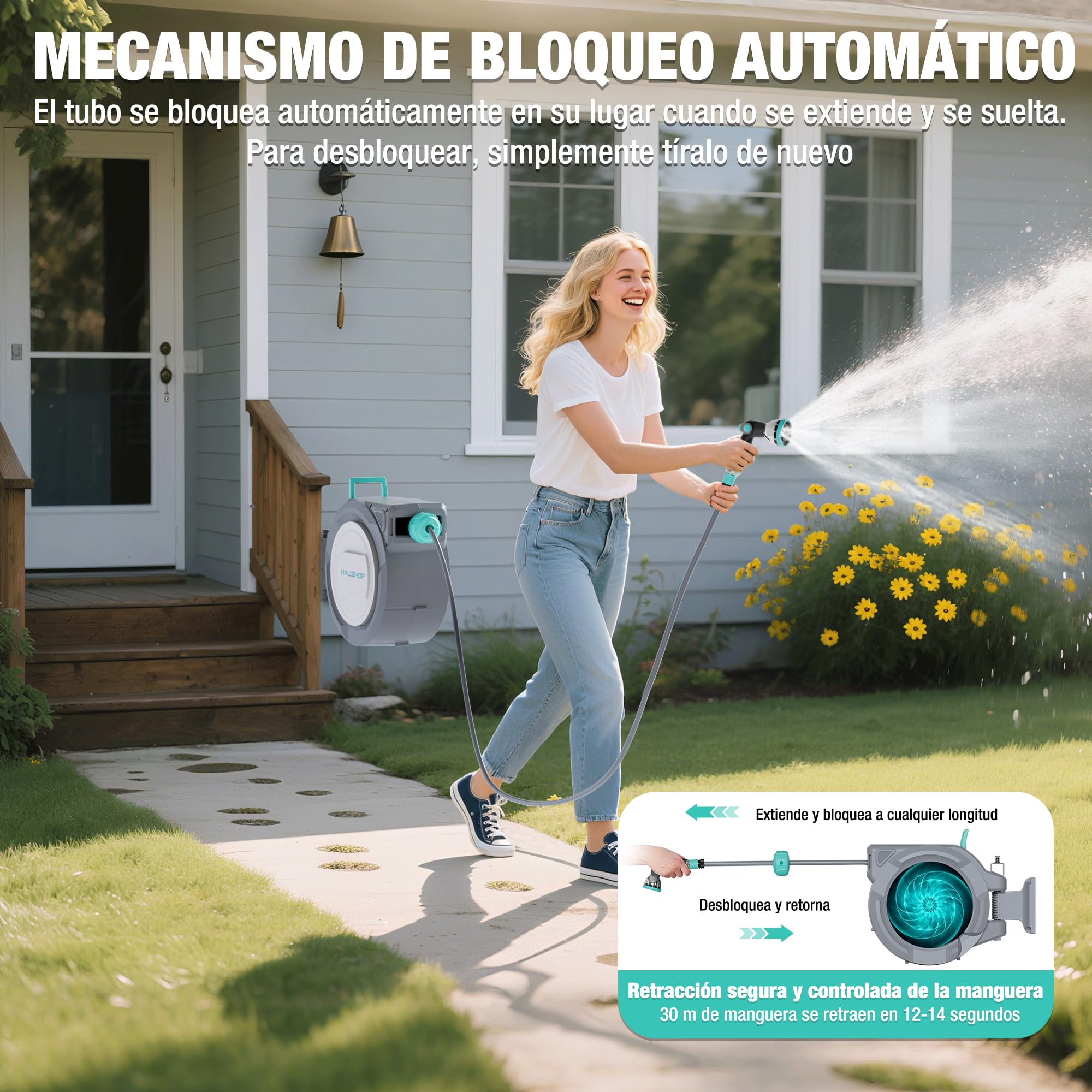 HAUSHOF Carrete Manguera 30m, Soporte Pared Giratorio 180° | Enrollador Automático con 10 Modos de Riego para Jardín y Lavado de Coches con Uso Cómodo y Flexible