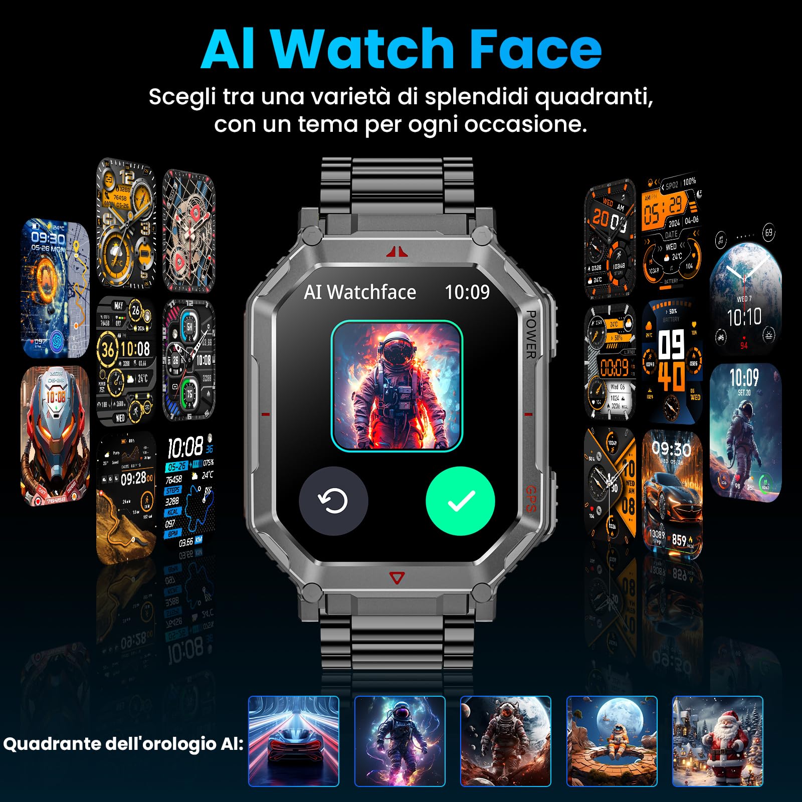 Orologio intelligente militare Cinghia in Acciaio per uomini, con GPS/bussola, assistente vocale GPT, display HD 2.01", chiamate Bluetooth, tracker fitness, compatibile con Android e iOS (Nero)