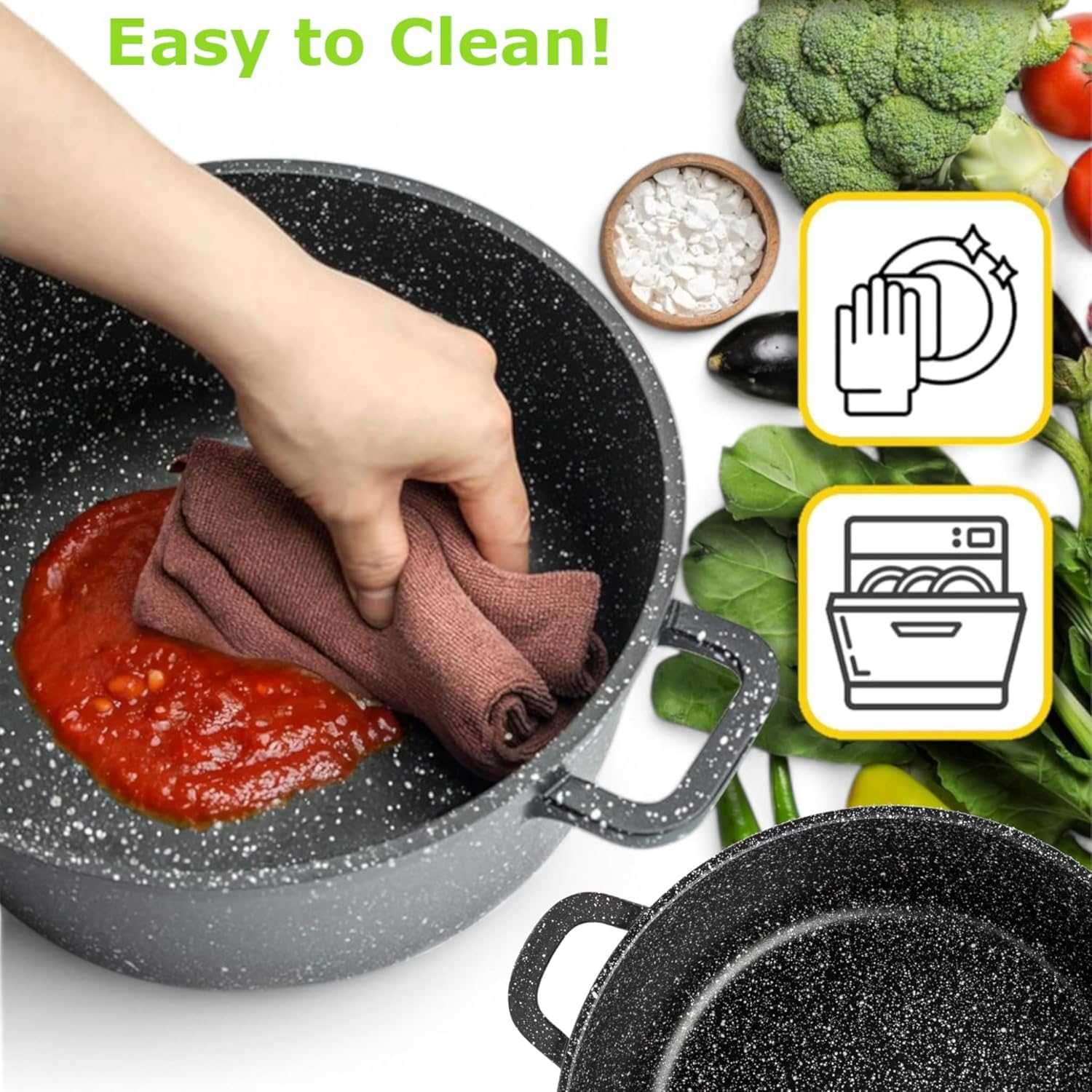 EliteHoff Olla de cocina antiadherente con tapa - Juego de 2 ollas de sopa de aluminio de 24/28 cm (6,5 L + 10,2 L) ollas de mármol grandes para inducción y todo tipo de cocinas (negro)
