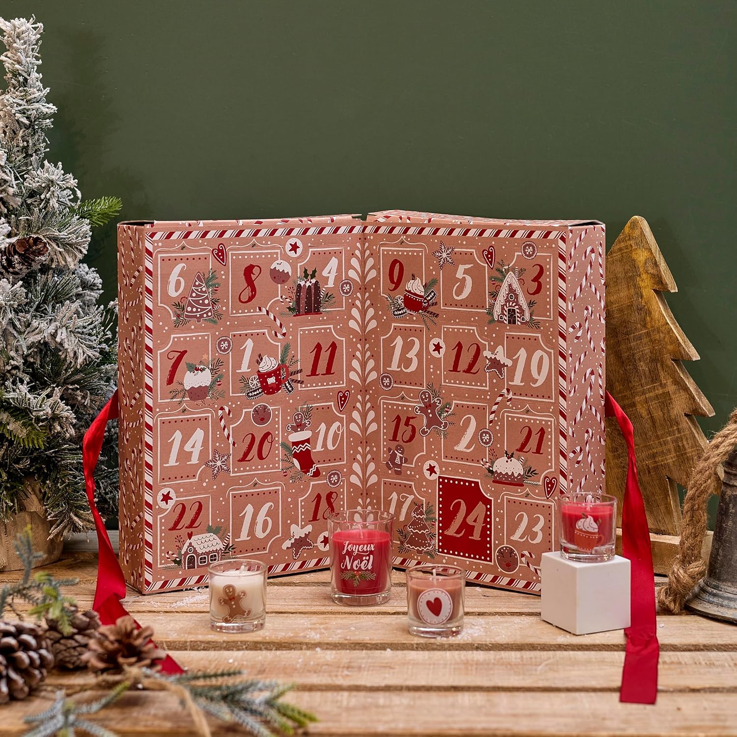 Calendario de Adviento con 24 velas perfumadas, rojo y kraft, colección de Navidad, para adultos y adolescentes