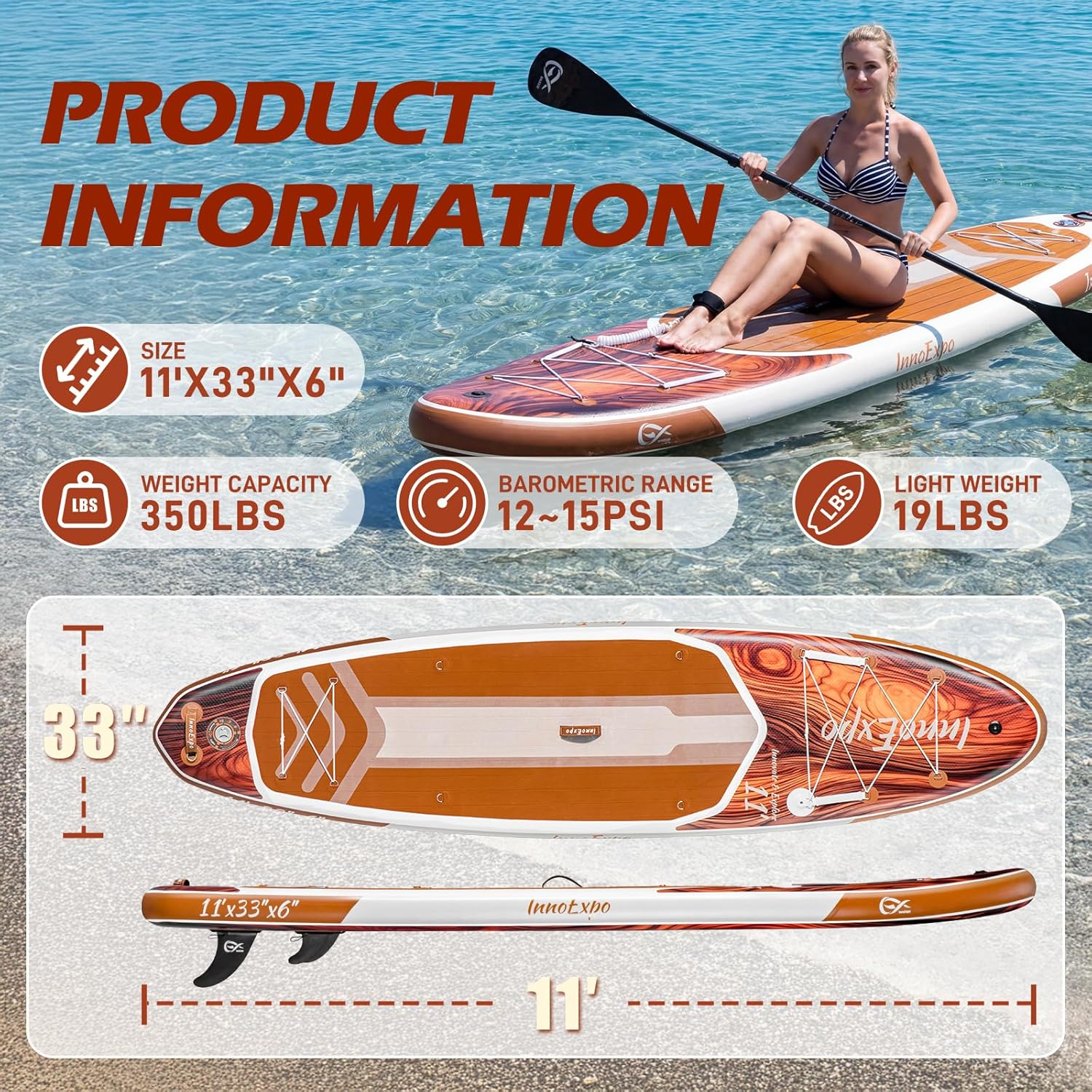 InnoExpo 11' Inflatable Stand Up Paddle Boards with Premium Accessories, Wide Stable SUP Paddle Board Design, Non-Slip Comfort Deck for Youth & Adults - Image 2