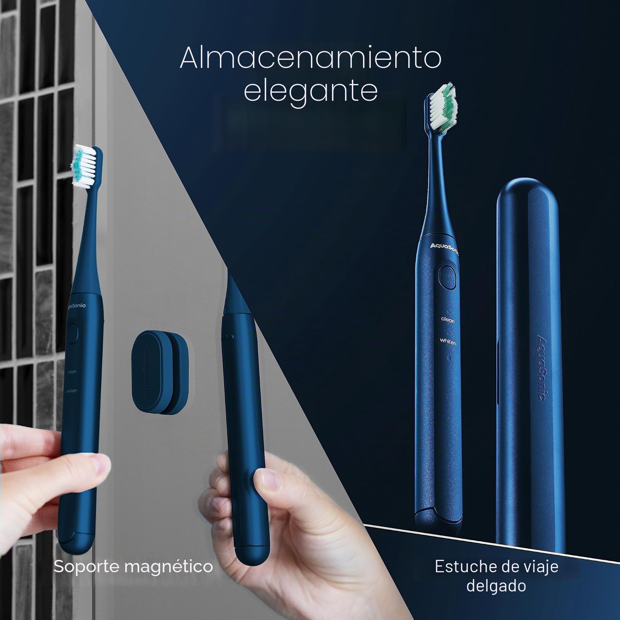 Aquasonic Icon - Cepillo recargable con soporte magnético y estuche viajero delgado | 2 modos y temporizadores inteligentes | Azul marino