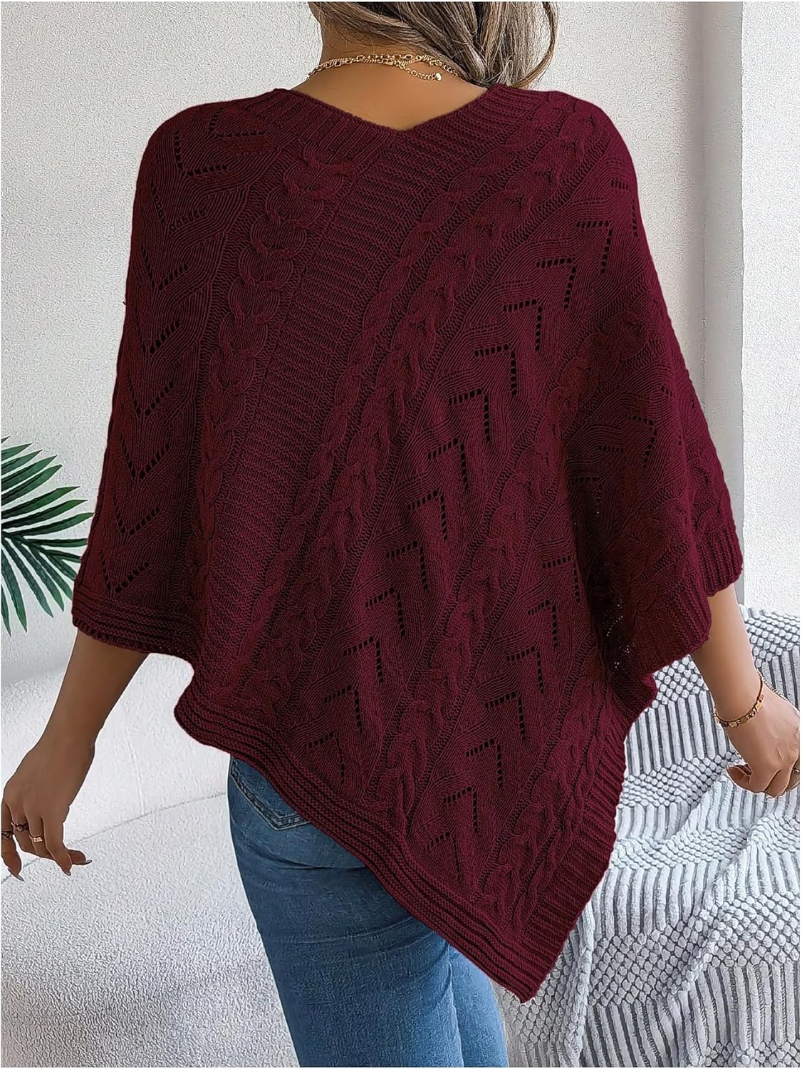 Women's Poncho Sweater Hollow Out Cable Knit Asymmetrical Fall Sweater - Image 2