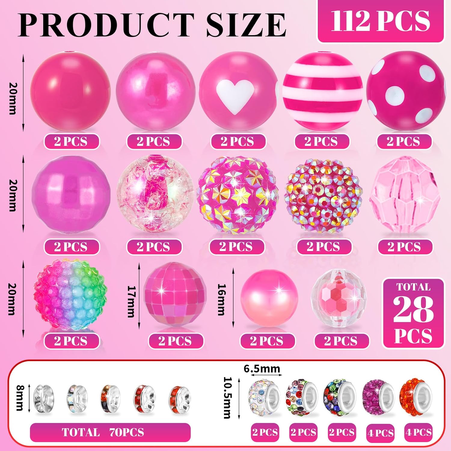 28 Pcs Chunky Bubblegum Beads and 84 Pcs Large Hole Spacer Bead, 16/17/20mm Focal Bead for Beadable Pens, Large Beads for Jewelry Making Keychain - Image 2