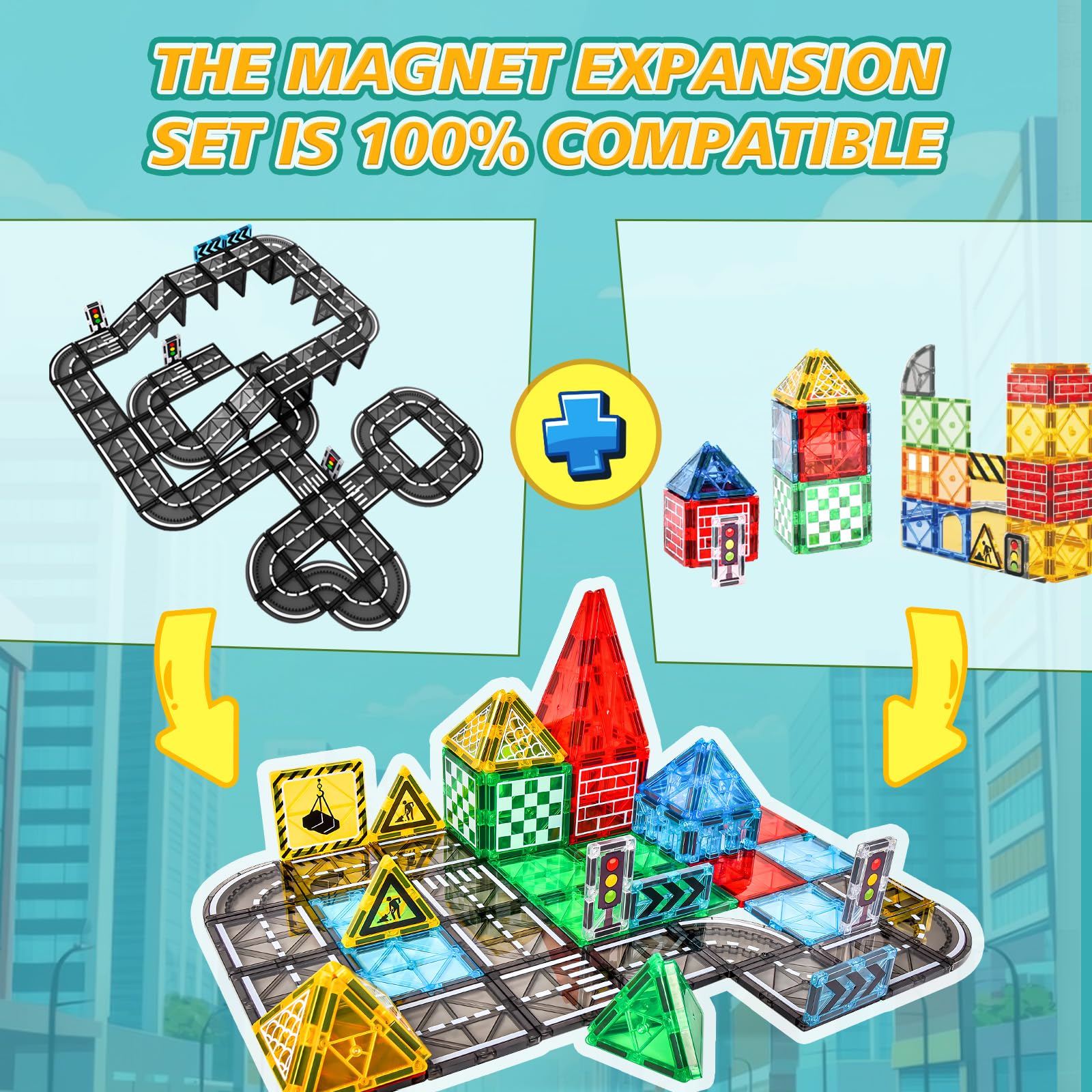 BuzzoXerex Costruzioni Magnetiche Strade, Piastrelle Magnetiche Bambini 70 pezzi, Tessere Magnetiche Blocchi Magnetici Giocattoli Costruzioni Regalo Bambino 3-4 anni