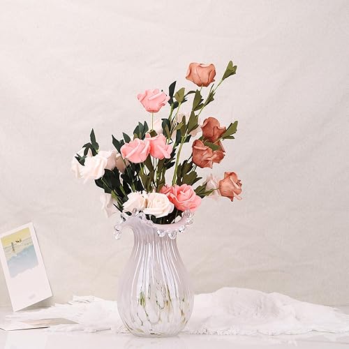 Miniatura 3 de Florero de vidrio soplado a mano, jarrón de vidrio único, jarrón de boca ancha, jarrón de vidrio rosa para el hogar, sala de estar, oficina, centro