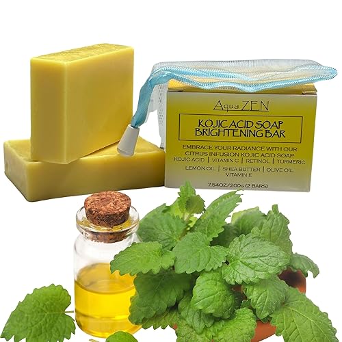 Jabón de ácido kójico, barra iluminadora de limón y cúrcuma con cúrcuma, aceite de limón, vitamina C+E y retinol | (2) barras de 3.5 onzas EA + red