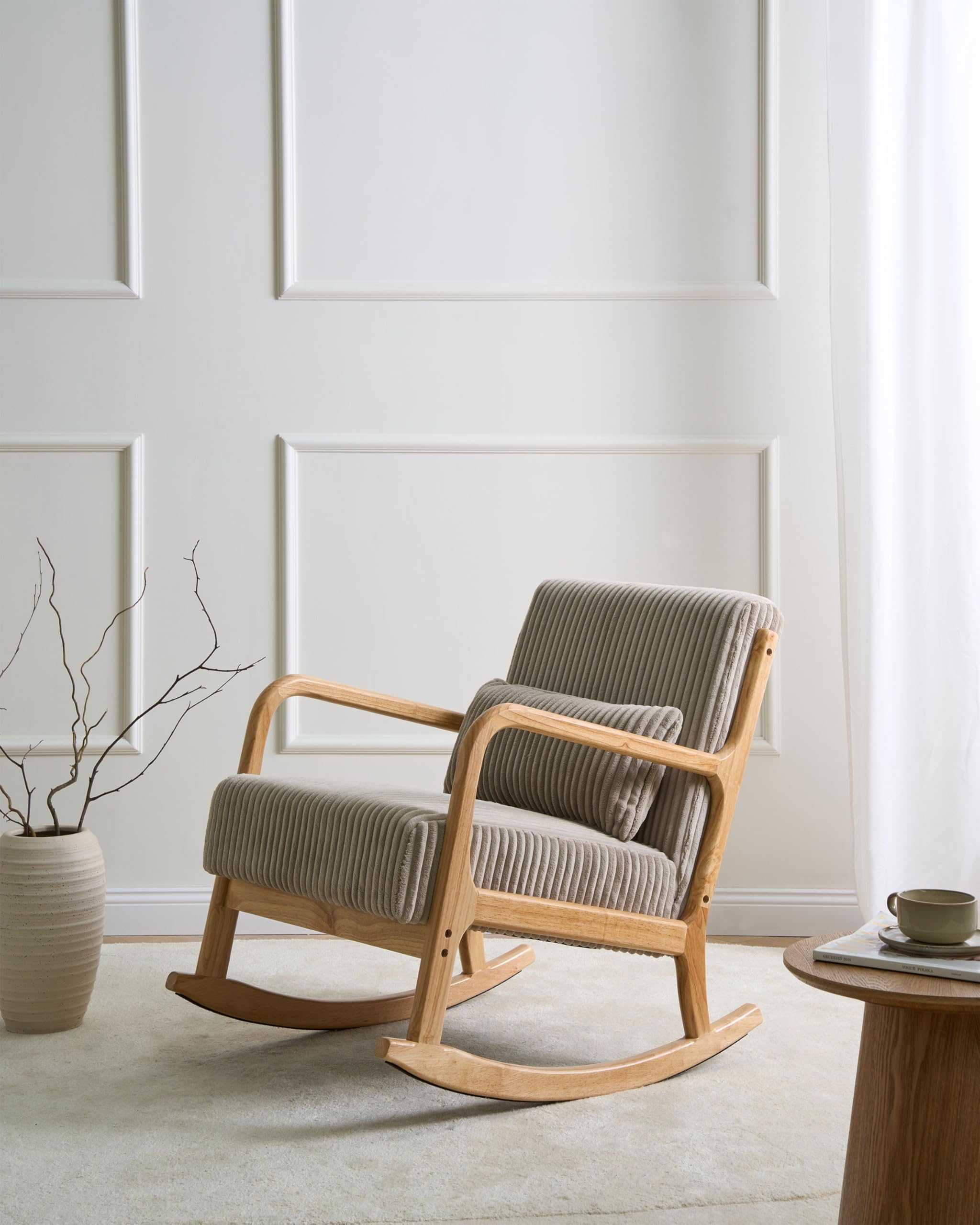 Beliani Silla Mecedora de Pana tapizado Estilo Vintage Estructura de Madera Beige Sorsele