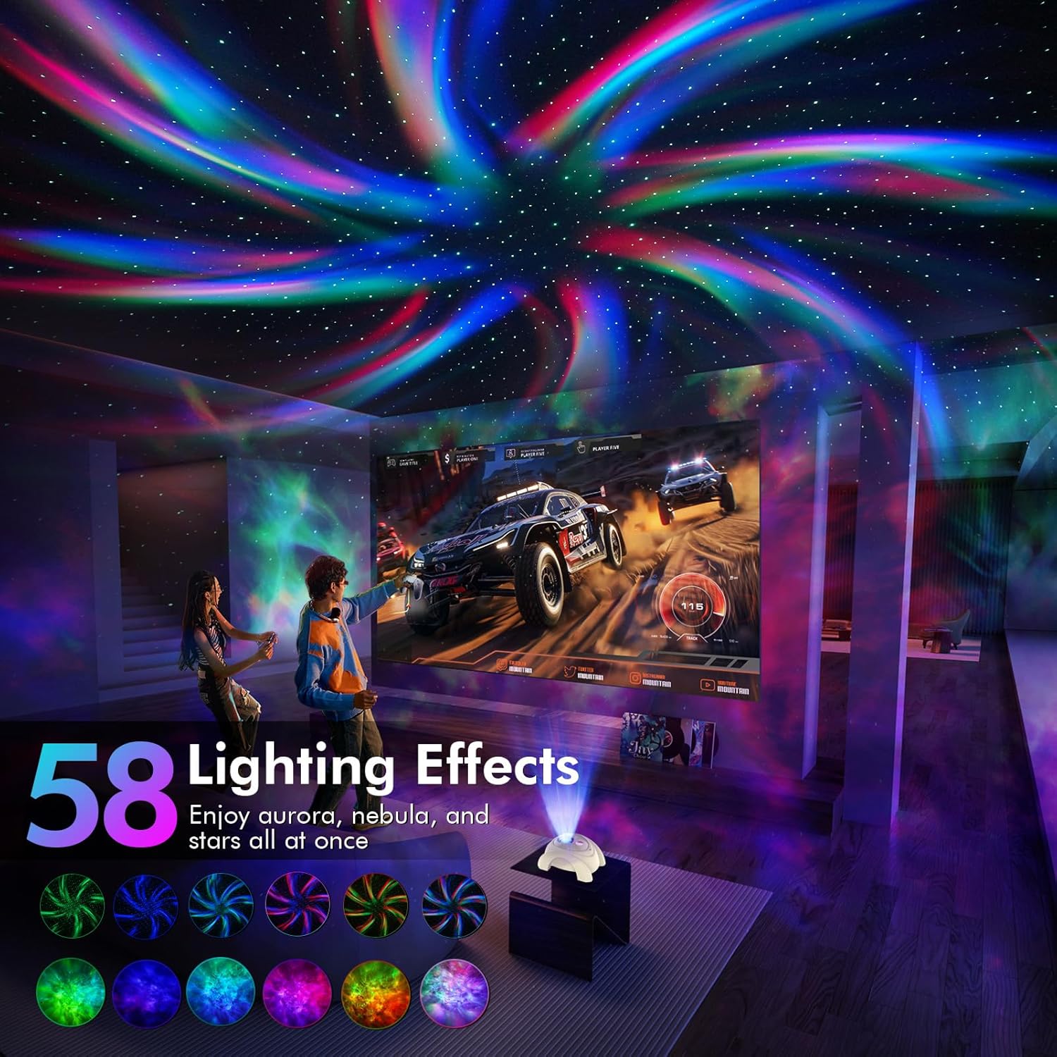 Rossetta Dual Lens Galaxy Projector, Star Projector for Bedroom with White Noise & Bluetooth Speaker, Remote, Timer, Aurora & Nebula Night Light Projector for Room Decor, Gifts for Kids Adults Teens