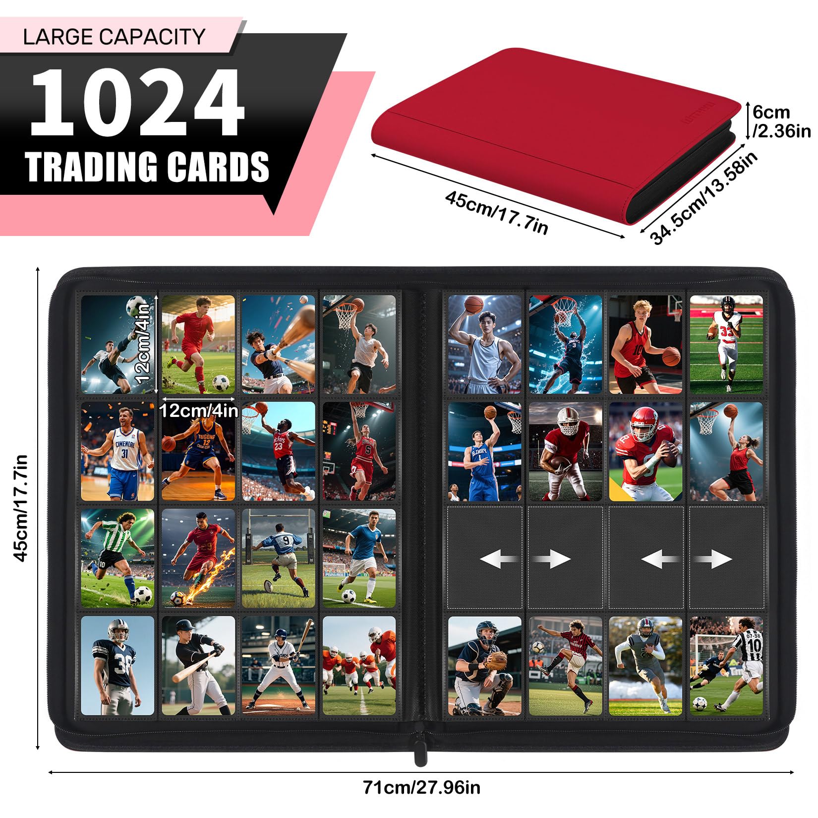 WITHYU Álbum de Colección de 16 Bolsillos, Capacidad 1024 Cartas. Carpeta Impermeable de Carga Lateral con Cremallera para TCG, Fútbol y Cartas Coleccionables, Portátil (Burdeos)