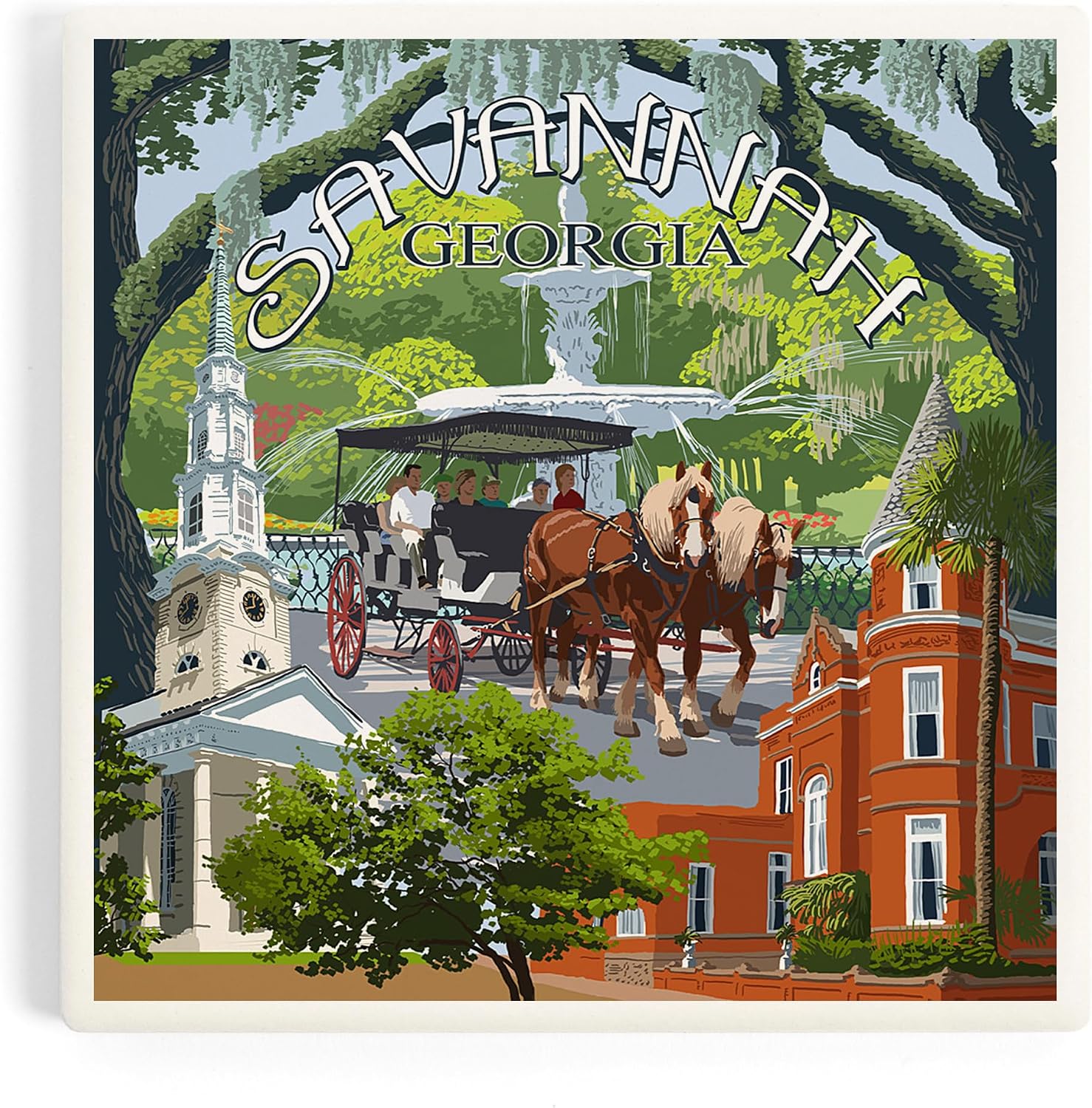 Lantern Press Savannah, Georgia, Town Views (Absorbent Ceramic Coaster, Single, Cork Back, Kitchen Table Decor)