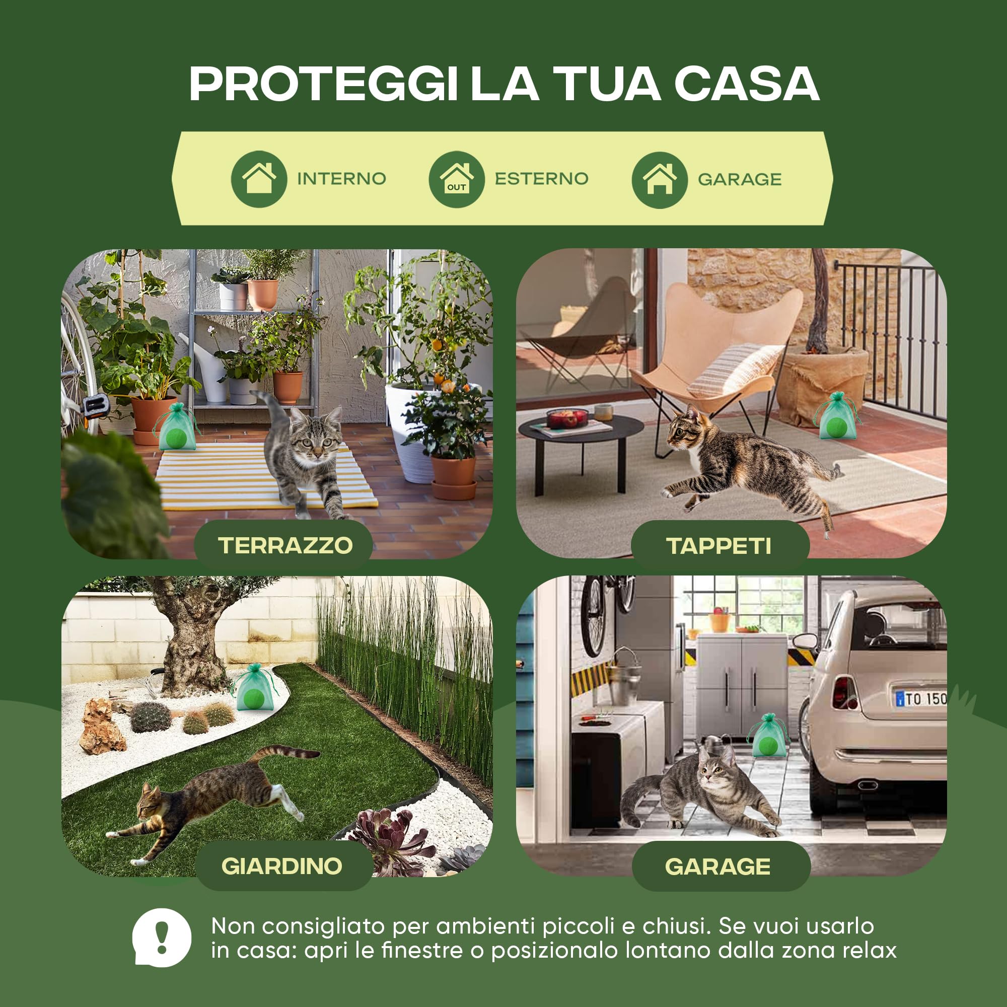 FUGGY - Repellente per Gatti Divano Naturale – Dissuasore e Disabituante Gatti per Interno ed Esterno – 12 Palline + 5 Buste – Anti Gatto Divano e Giardino